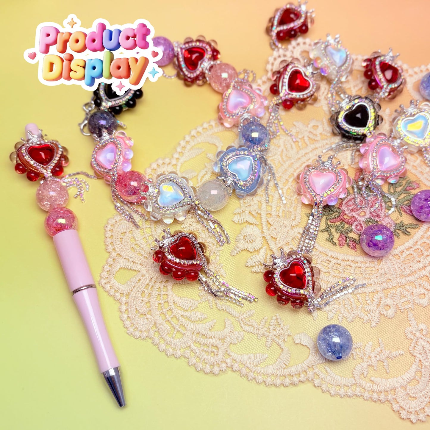 10pcs Rhinestone Focal Beads for Pens, Sparkling Heart-Shaped Designs with Tassels, Fancy Beads for DIY Jewelry Making Keychains Crafts Holiday Decorations (Heart-Shape-Focal Beads)