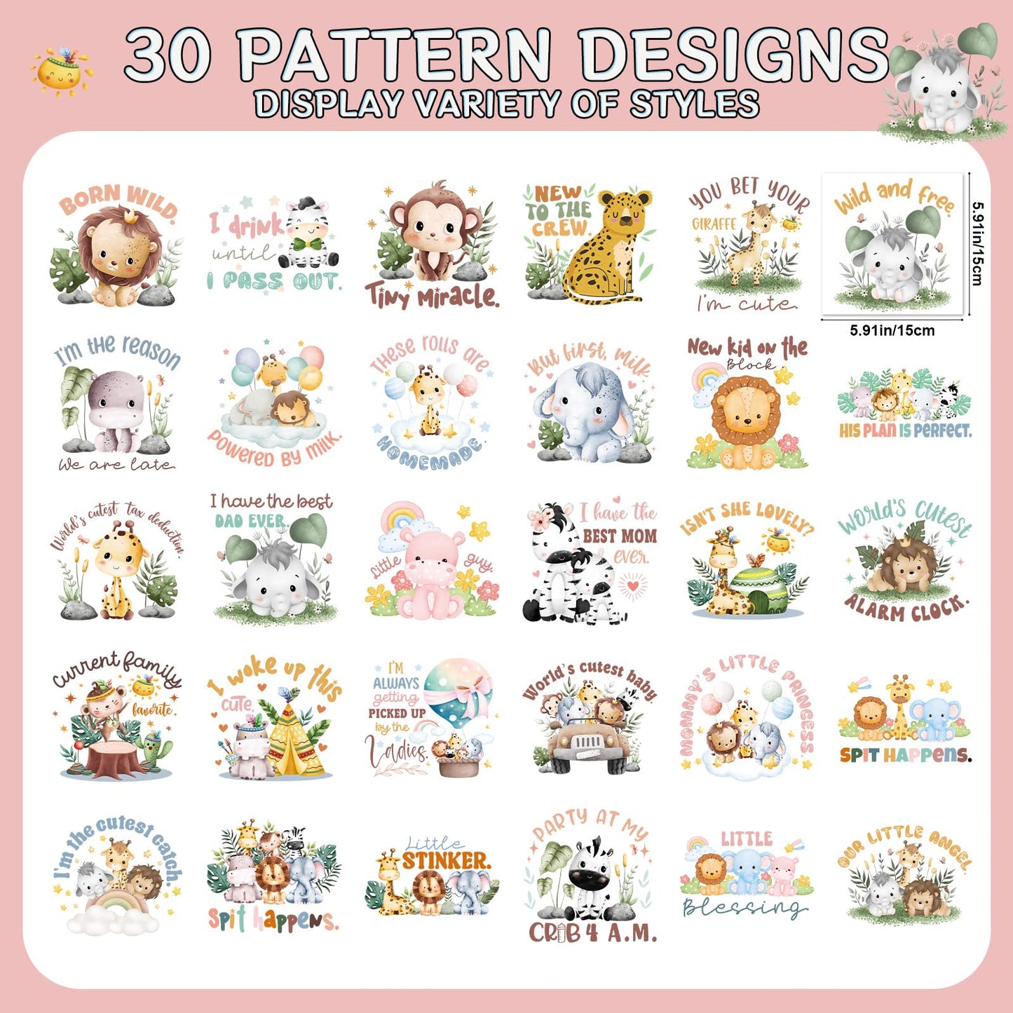 Falueqg Baby Shower Iron on Transfer - 30Pcs Dtf Transfers Ready to Press, Jungle Safari Animal Baby Onesie Decorating Kit Iron on Decals Patches, Cute Heat Trasnefer Stickers for Baby Bibs