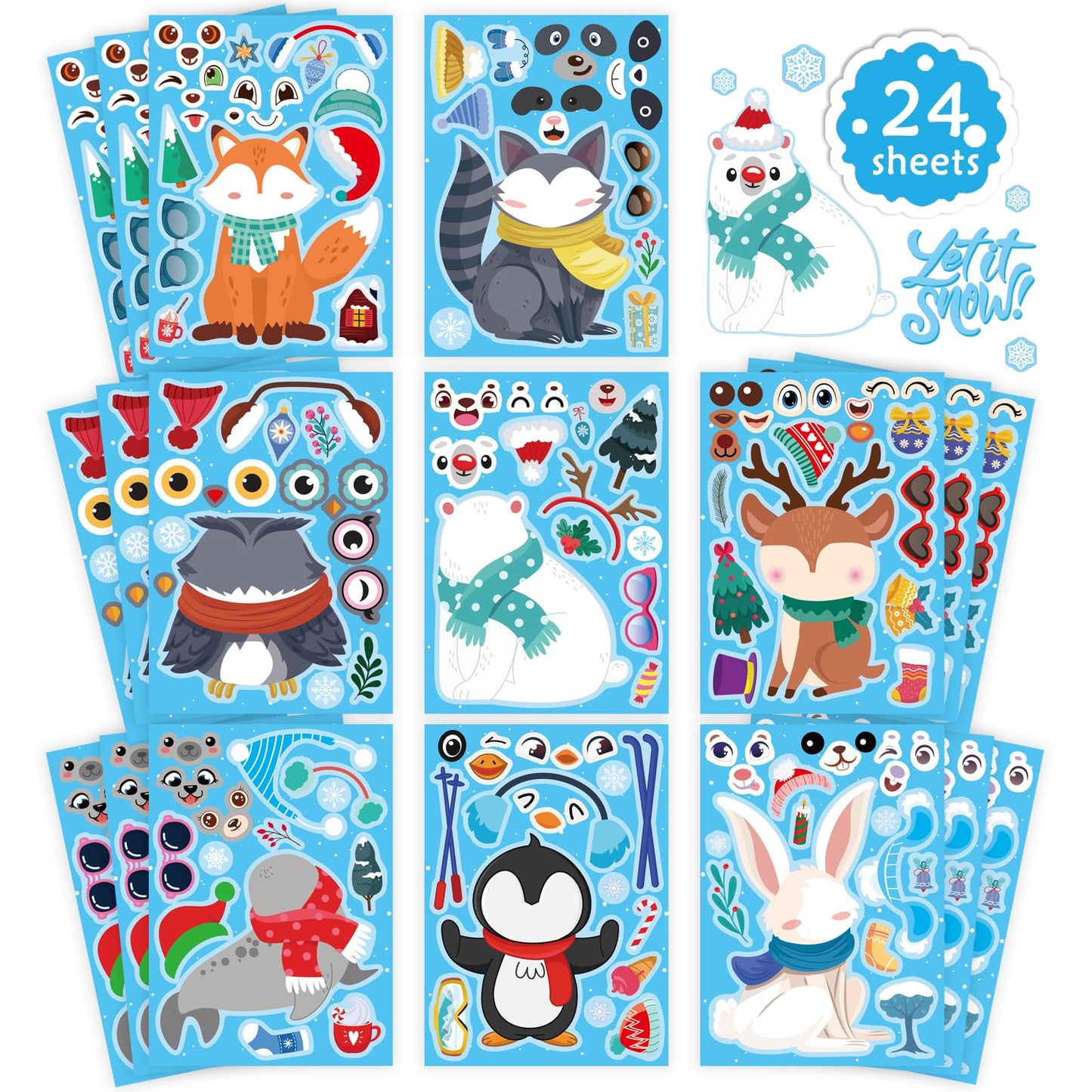 24 Sheets Winter Stickers for Kids Toddlers, Make-a-face Sticker Make Your Own Stickers 8 Designs of Animal Owl Penguin Snowman Bear Sticker Party Decorations Supplies