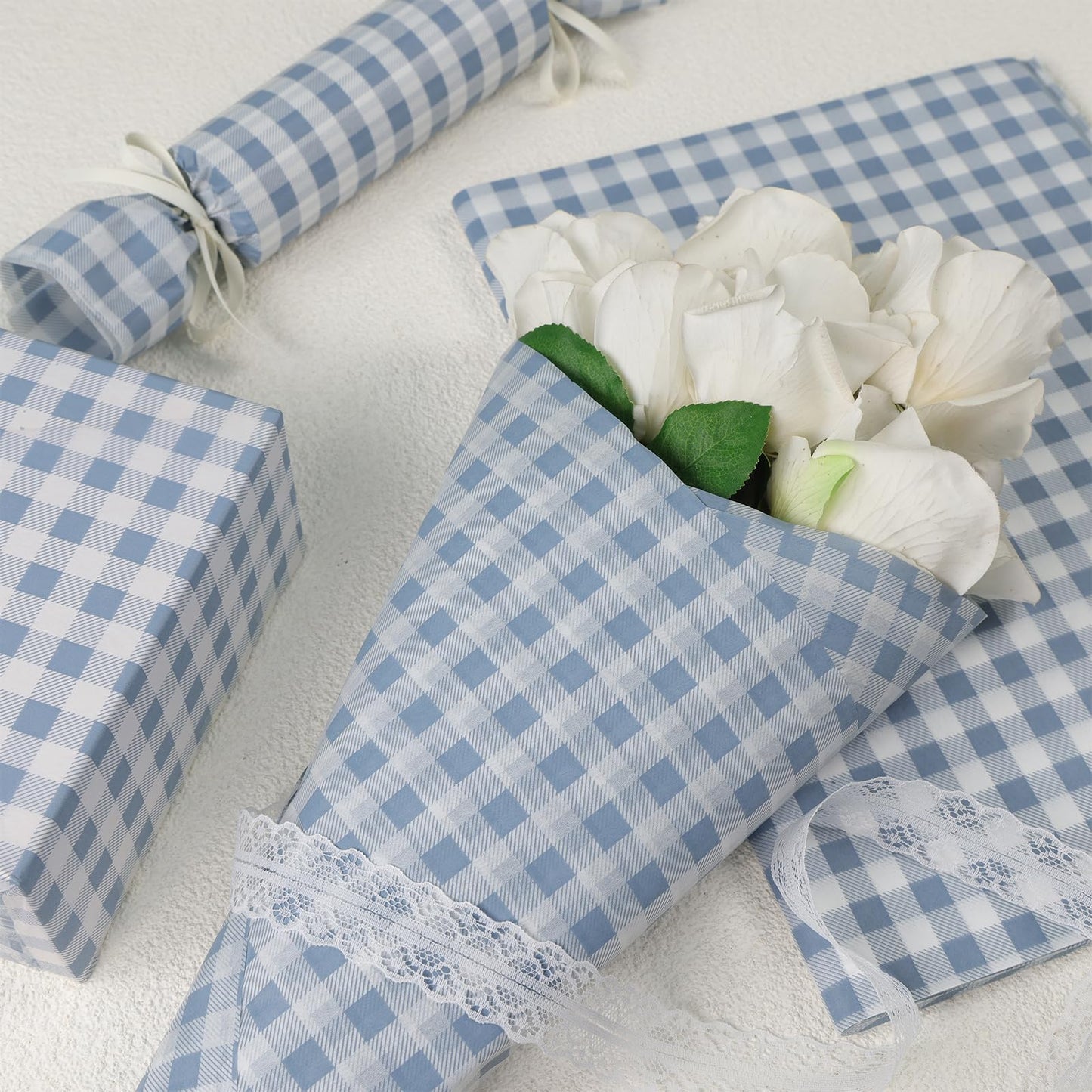 UNIQOOO 120 Sheets Dusty Blue Gingham Tissue Paper, Buffalo Plaid Gift Wrapping Tissue DIY Art Craft Tissue Paper for Wedding Birthday Baby Shower Bouquet Supplies, 20 x 14 Inch