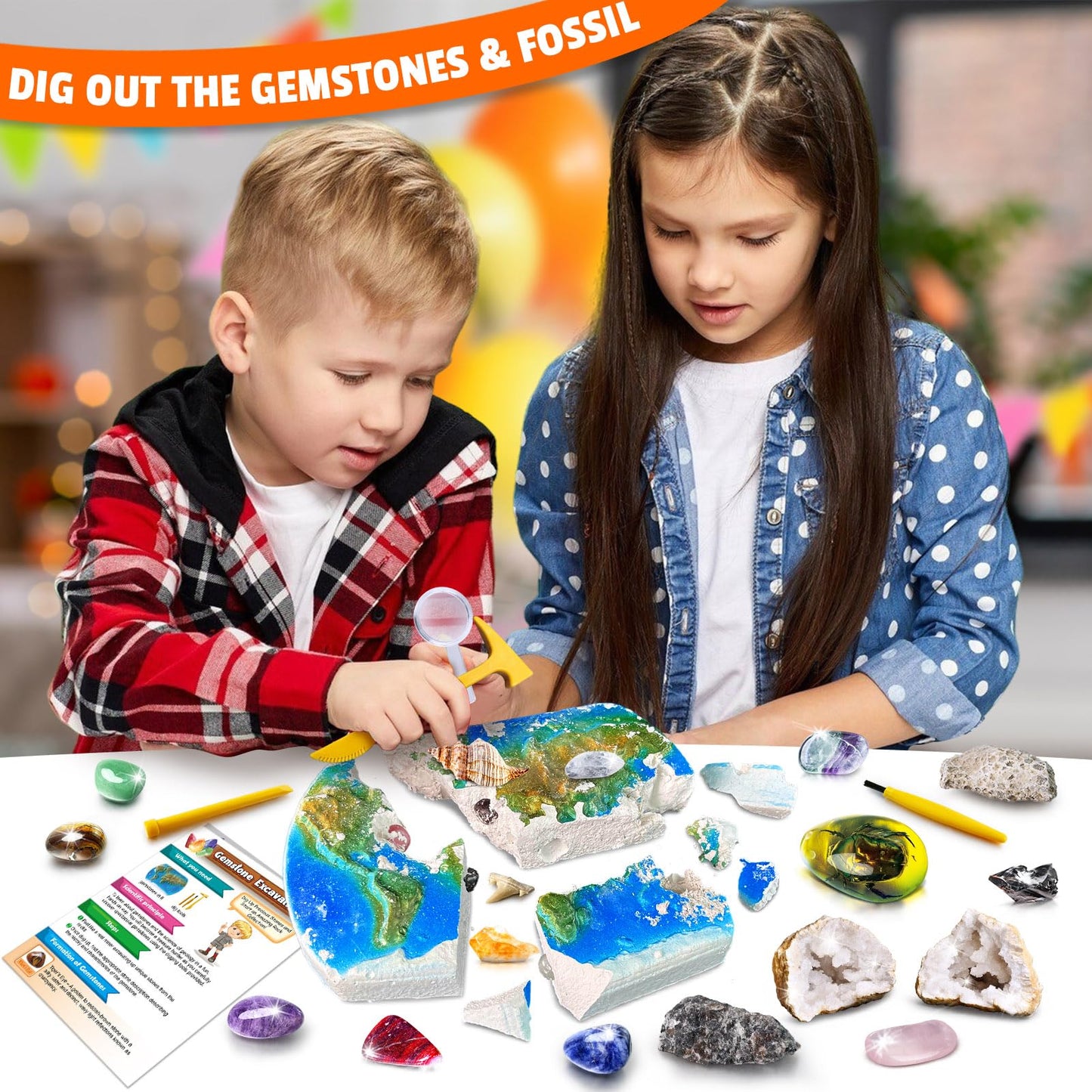 UNGLINGA Gemstones Excavate Gem Rock Dig Kit for Kids Boys Girls Birthday Gifts Ideal - 15 Different Real Gem Stones & Fossils Excavation Set with Dig Tools, Educational Geology Science S.T.E.M Toys