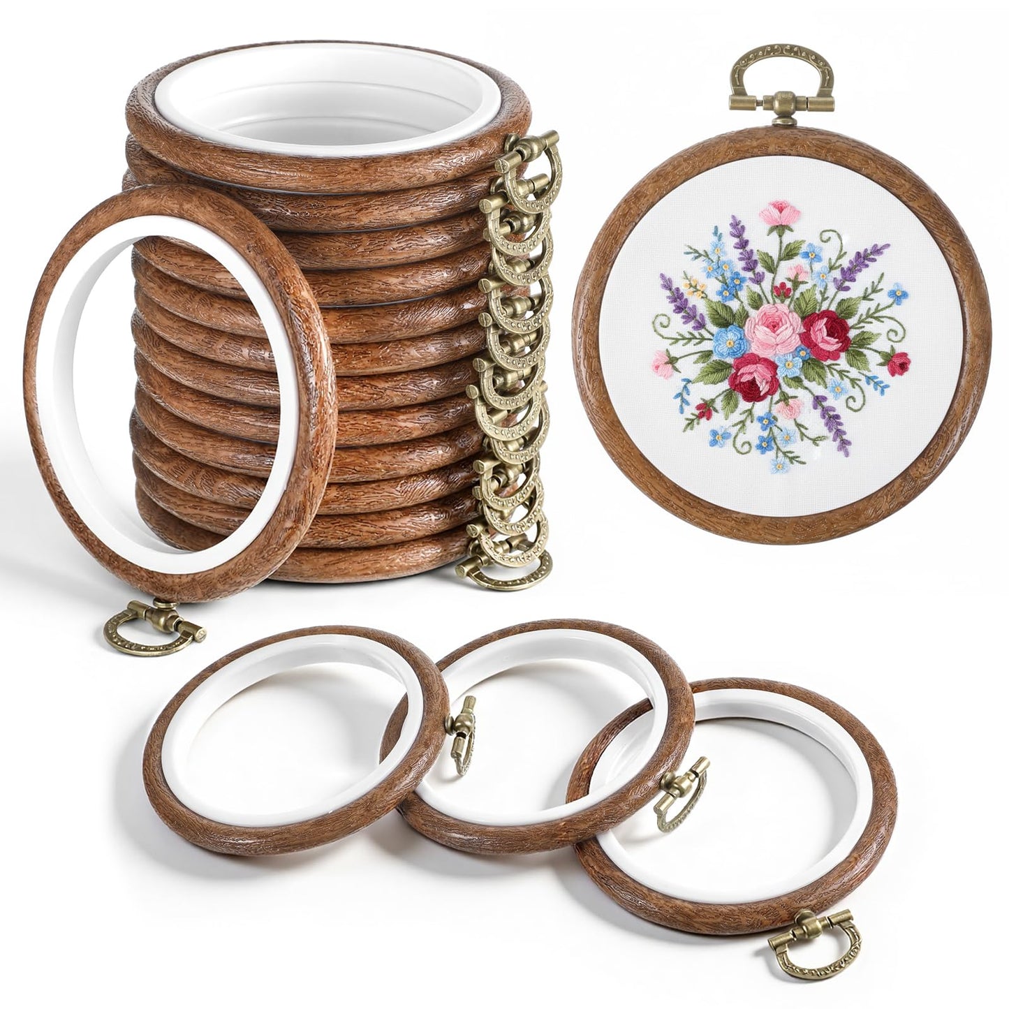 Yuanan 15 PCS 3 Inch Embroidery Hoops, Decorative Imitated Wood Cross Stitch Hoops Small Embroidery Hoop Bulk Embroiderys Hoop Circle Embroiderys Frame for DIY Art Craft Sewing Hanging Ornaments