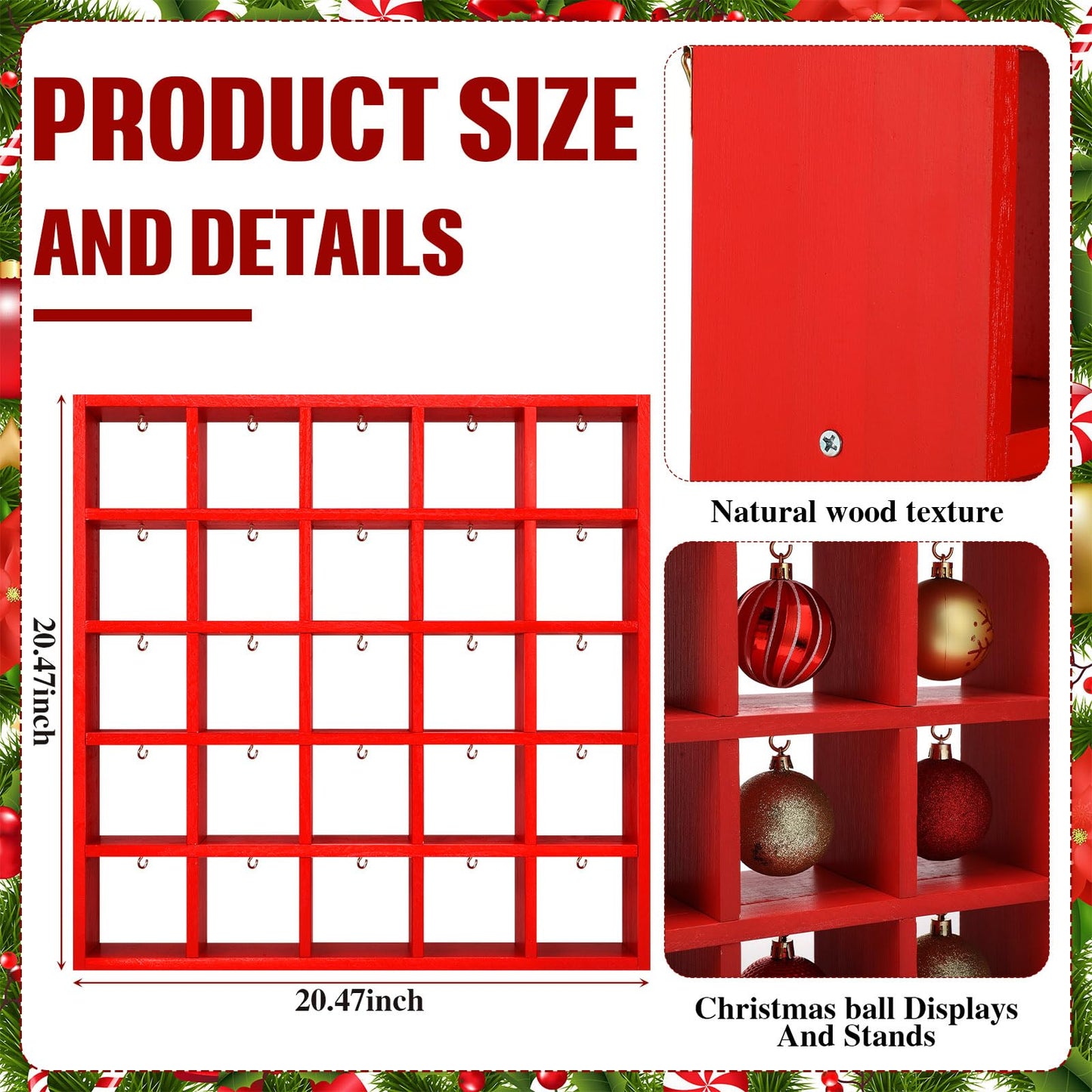 Cinnvoice Christmas Holiday Ornament Displays Rack Wooden Hanging Stand Holder Hanger for Christmas Ball Display Shelf Cabinet for Craft DIY Wall Decorations Gift (Red,25 Compartment)