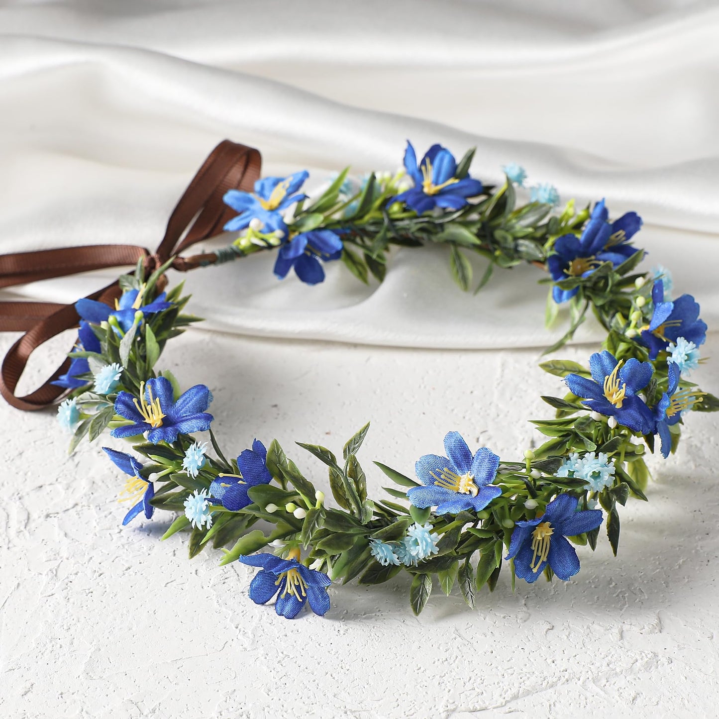 KorViSHOW Fairy Blue Flower Crown, Artificial Boho Floral Headpiece, Elf Forest Flower Headband with Ribbon for Women Girls Renaissance Faire Cosplay Birthday Wedding Festival Party Hair Accessory