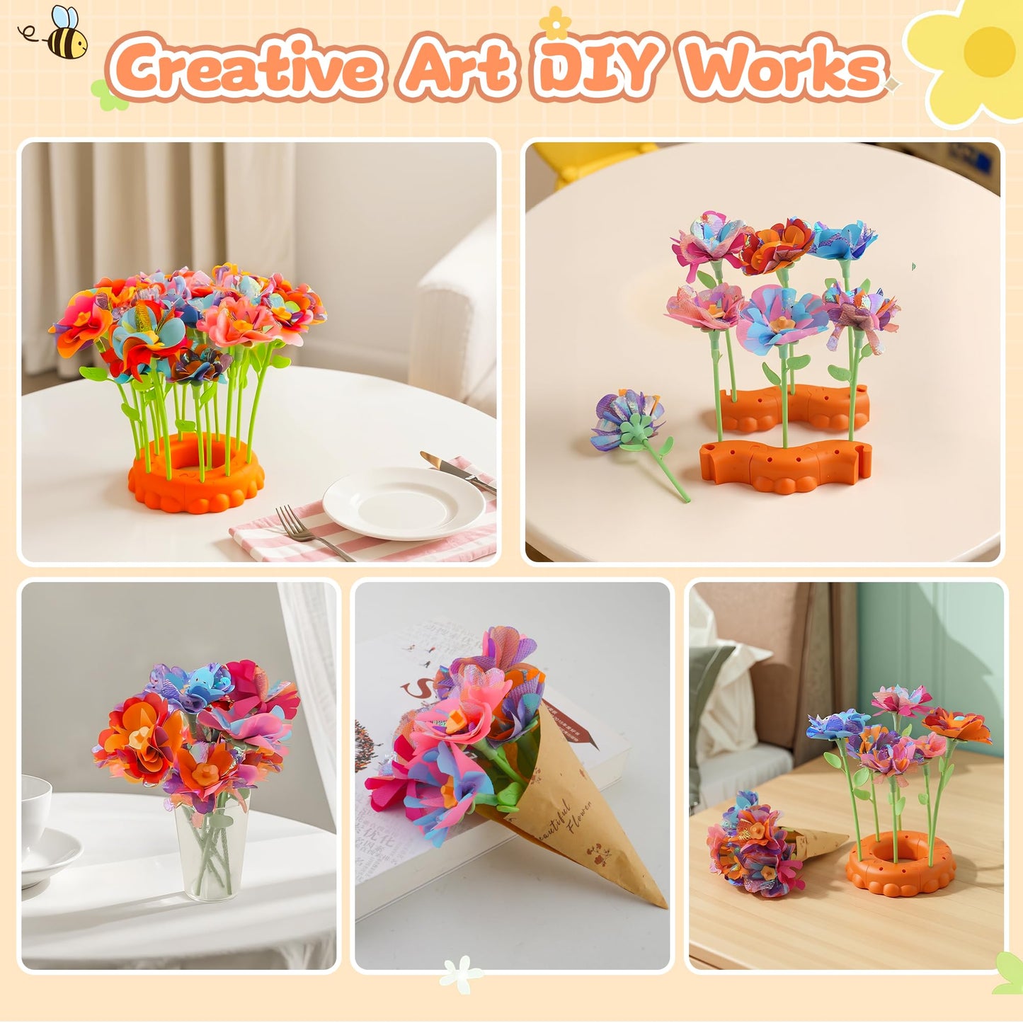 SZBZ Fabric Flower Bouquets Craft Kits, DIY Arts and Crafts for Kids 4-6-8,Press-to-Create Flower Maker, Flower Craft Kits Toys Valentines Day Gifts, Birthday Gifts for 4 5 6 7 8+Year Old Girl