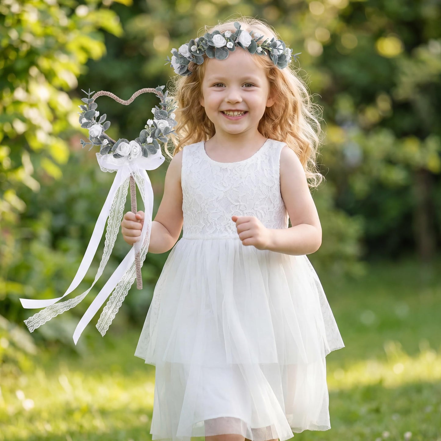 KorViSHOW White Flower Crown Headband, 2 PCS Artificial Rose Floral Headband with Boho Heart Floral Wand with Ribbon for Bride Fairy Woodland Wedding Vacation Birthday Party Hair Accessories