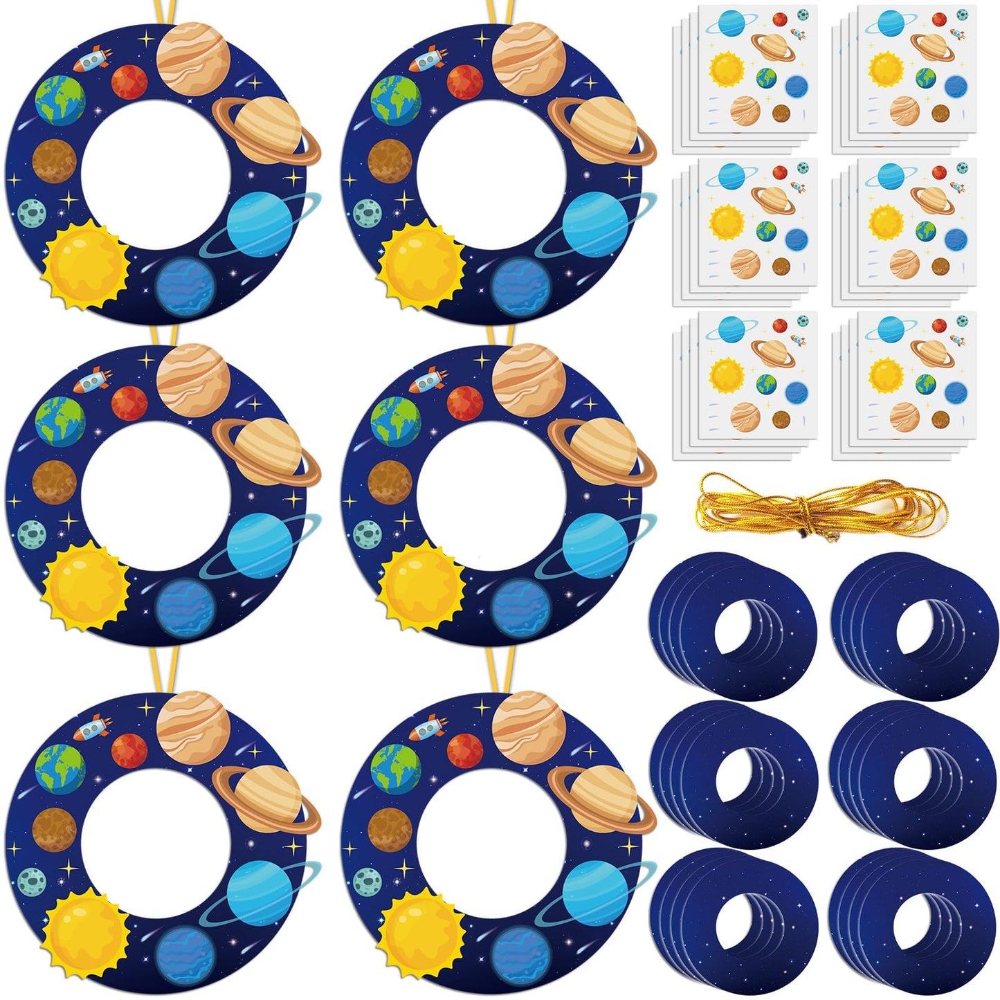 Lonfliness 24 Sets Space Wreath Craft Kits DIY Hanging Decor Solar System Paper Wreath Craft Ornament with Planet Stickers Outer Space Party Supplies for Home School Classroom Activities