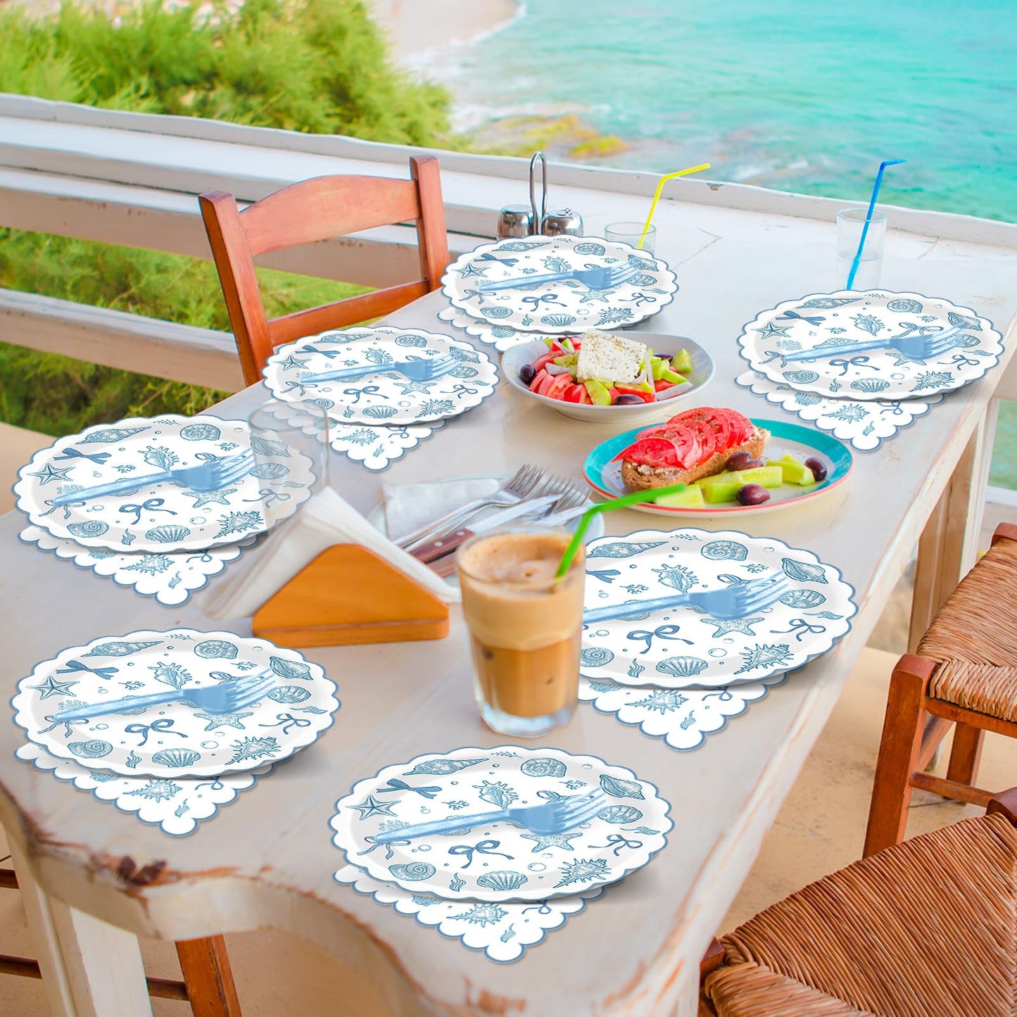 96pcs Scalloped Coastal Party Supplies Tropical Blue Bow Starfish Seashell Plates and Napkins Tableware Set Ocean Theme Party Decorations for Summer Beach Wedding Birthday Bachelorette for 24 Guests