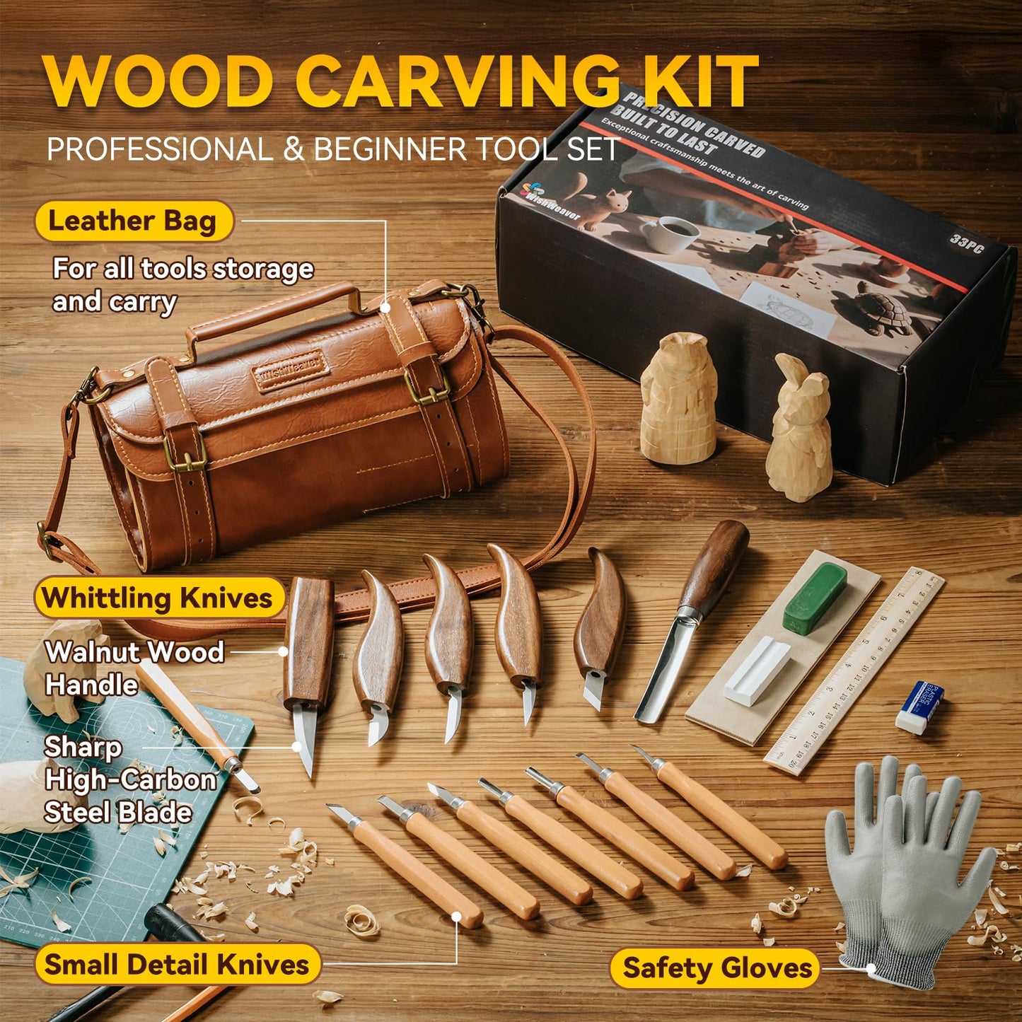 Wood Carving Kit, 33Pcs Wood Carving Tools Set with Thick Leather Storage Bag, Deluxe Wood Carving Set, 6 Wood Carving Knives 8 Chisels 6 Blocks Whittling Kit for Beginners Enthusiasts Kids Gift DIY