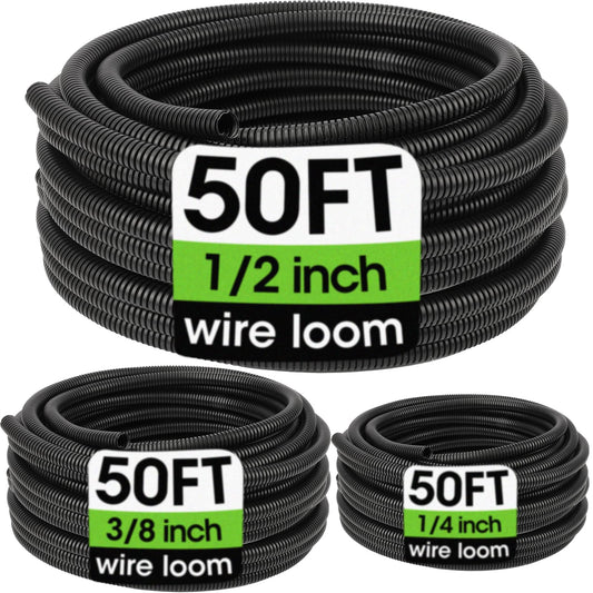 Wire Loom 1/4", 1/2", 3/8 Inch x 50 FT, Split Wire Loom Tubing Wire Conduit, Cable Sleeves Bulk Flexible Electrical Conduit Protective kit