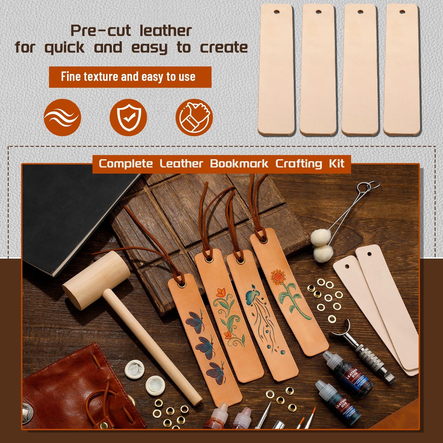 Leather Crafting Kit, Leather Working Kit for Bookmark, Leatherbookmarks Making Kits with Dyeing Carving Working Tools Supplies for Book Mark, Bookmarks for Book Lovers, Adults DIY Crafts Making