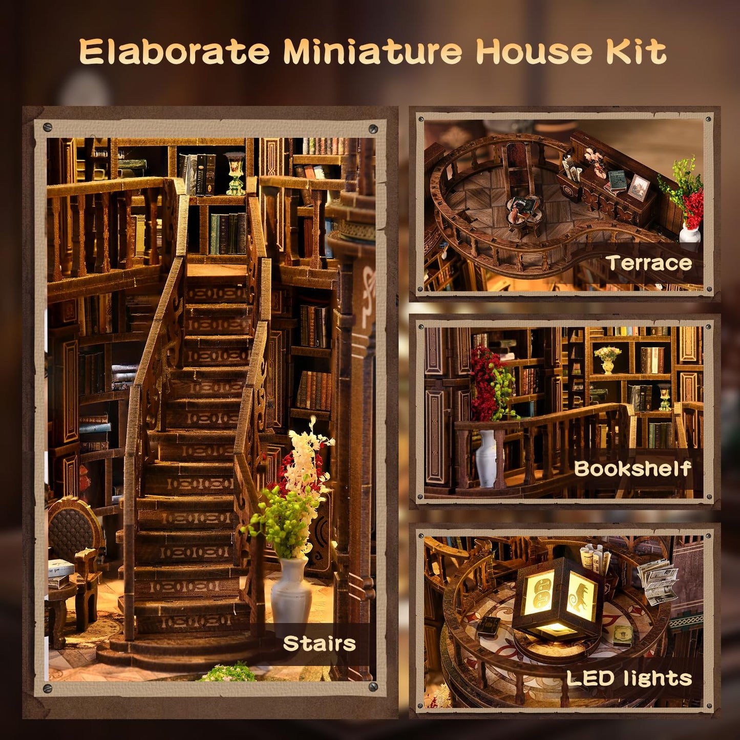 3DVASE Book Nooks for Adults, DIY Miniature Dollhouse Book Nook Kit, Model Kits Craft Kits for Adults, 3D Wooden Puzzle Book Nook Craft Bookshelf Decor, Adult Craft Kits Gift with Led Light