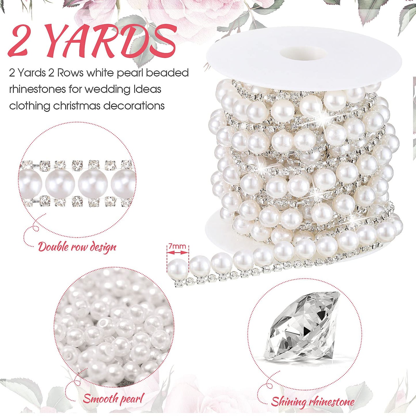 2 Yards Rhinestone Trim Pearls and Diamonds Crystal Chain Rhinestones Pearl Chain for Craft Rhinestone and Pearl Trim Applique Pearl Beaded Rhinestone Bridal Embellishments for Wedding (Classic Style)