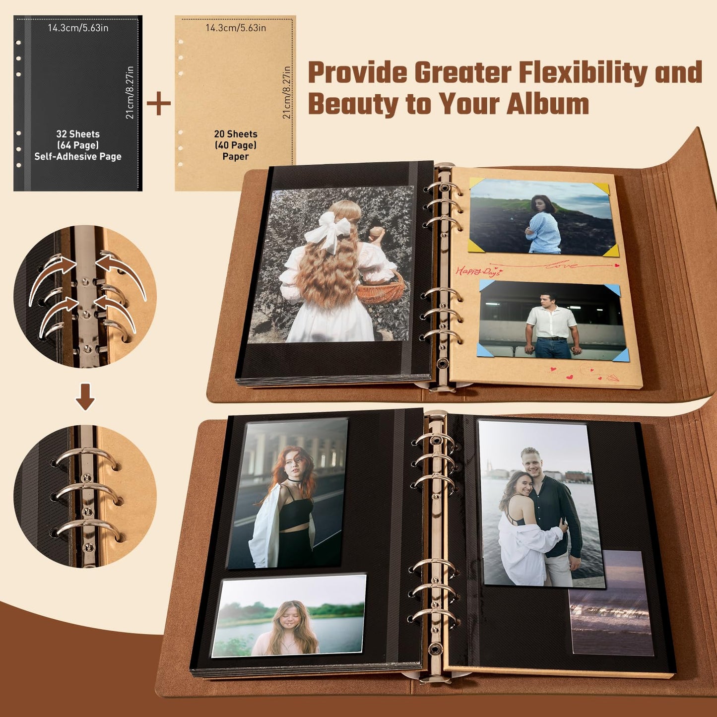 Travel Scrapbook Album Waterproof Photo Album with Writing Space 64 Pages Self Adhesive & 40 Journaling Pages DIY Memory Photo Book Photo Scrapbook Album Kit for Wedding Family Vacation