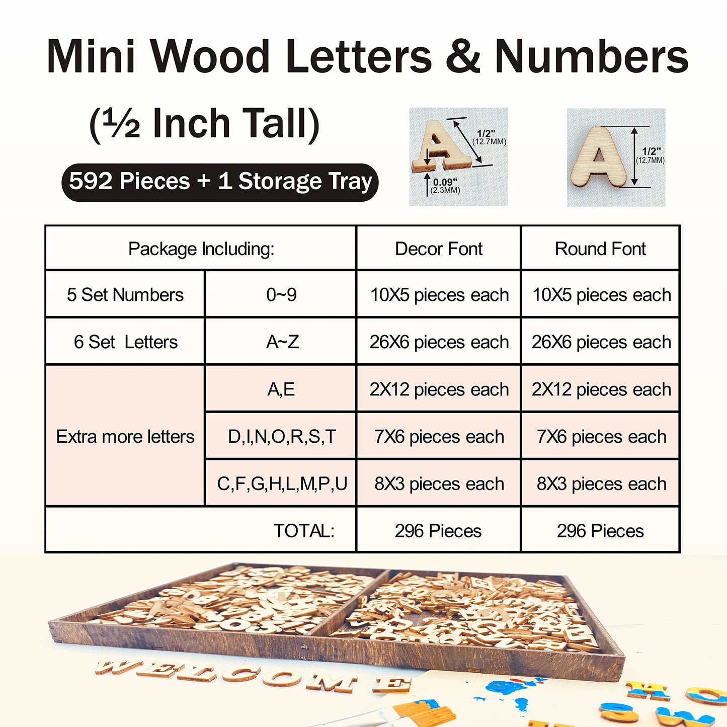 Cregugua 592 Pieces 1/2 Inch Mini Wooden Alphabet Letters and Unfinished Wood Numbers with Rustic Storage Tray for Scrapbooking DIY Crafts Homemade Gifts