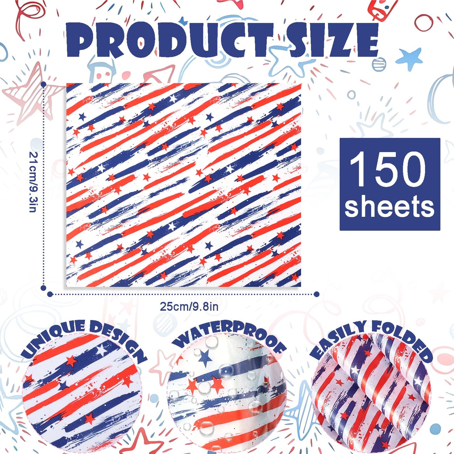 150 Sheets Patriotic Stripe & Star Wax Paper for Food Deli, 9.8 x 8.3 inch Red Blue Stars and Stripes Greaseproof Deli Sheets for 4th of July Sandwich Picnic Basket Liner Memorial Day Supplies