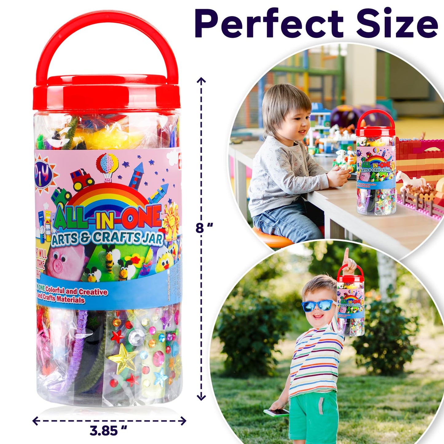 FUNZBO Arts and Crafts Supplies for Kids - Toddlers Craft Kit with Glitter Glue Stick, Pipe Cleaners, Pom Poms, Popsicle Sticks Tools, DIY School Supplies Kit, Birathday Gifts for Girls Boys Age 4+