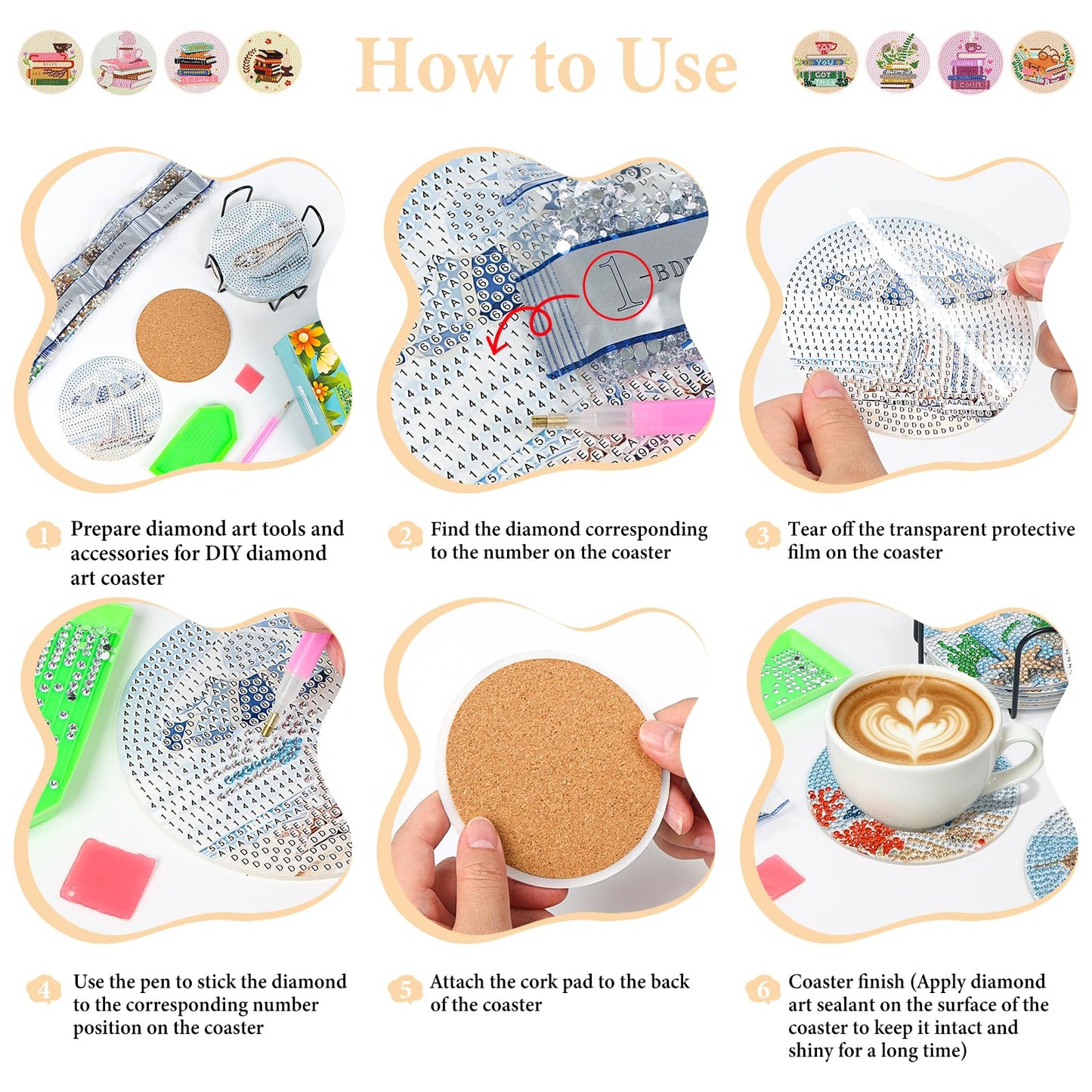 Book Diamond Art Coasters Kit with Holder, Book Lovers Diamond Painting Coasters Set of 8 for Adults, DIY Non Slip Drink Coaster with Cork Pads, Relaxing Craft Kits for Home Decor Gifts 4x4 Inch
