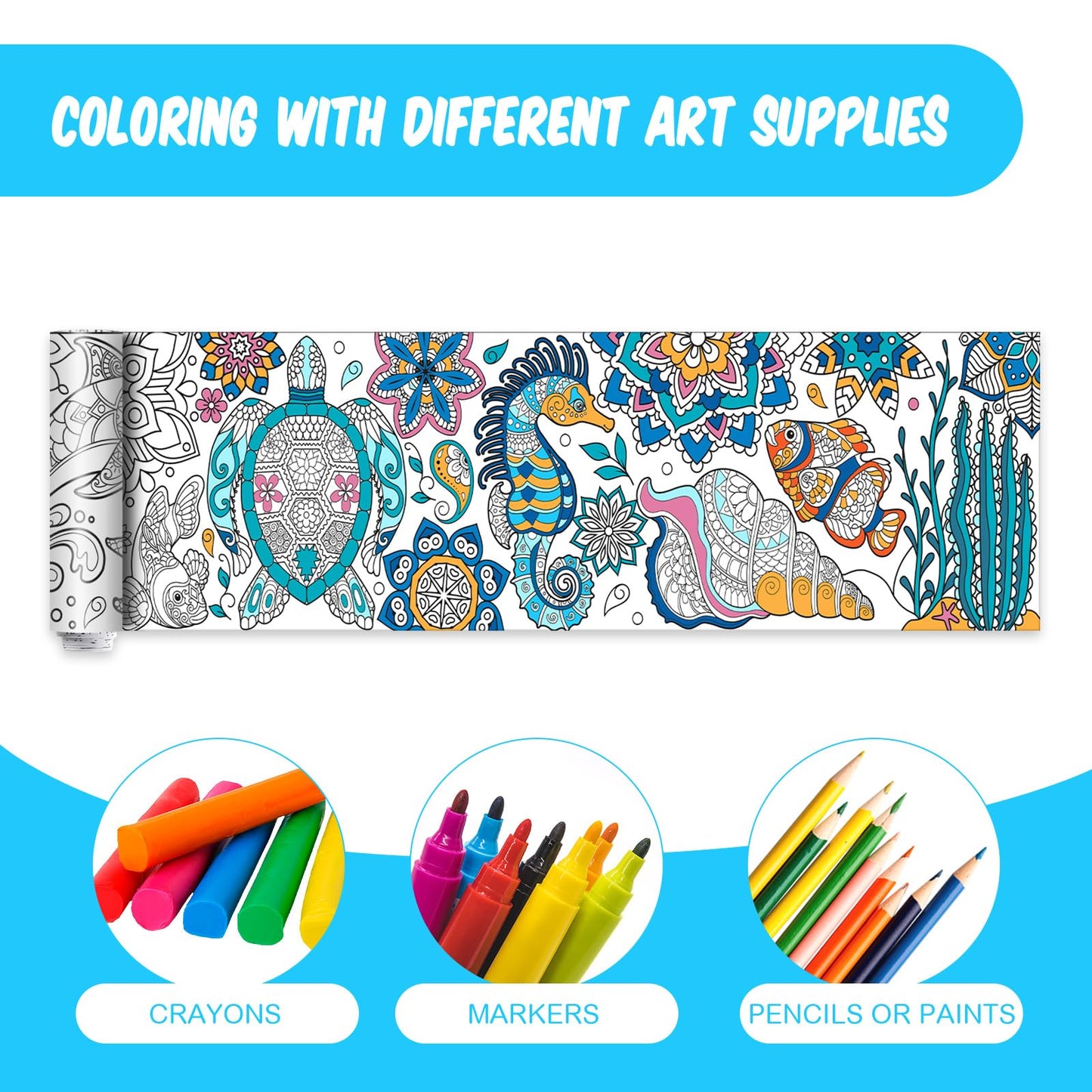 Pasimy 3 Pieces Giant Coloring Posters 11.8 x 118 Inch Mandala Animals Jumbo DIY Drawing Paper Large Coloring Sheets Pages Huge Mandala Drawing Banner for Adult Kid Home Classroom Activity(Animals)