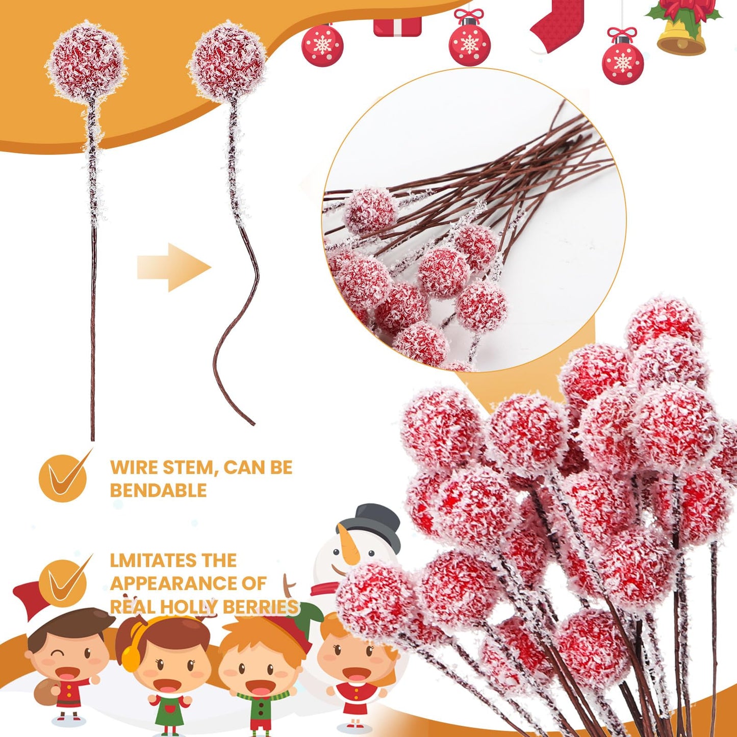 Suncalla 300 Pcs Snowy Artificial Holly Berry Stems Christmas Berry Picks Bulk Mini Fake Red Picks Flocked Ornaments for Christmas Tree Branches Fillers Wreath Home Xmas Winter Holiday Decorations