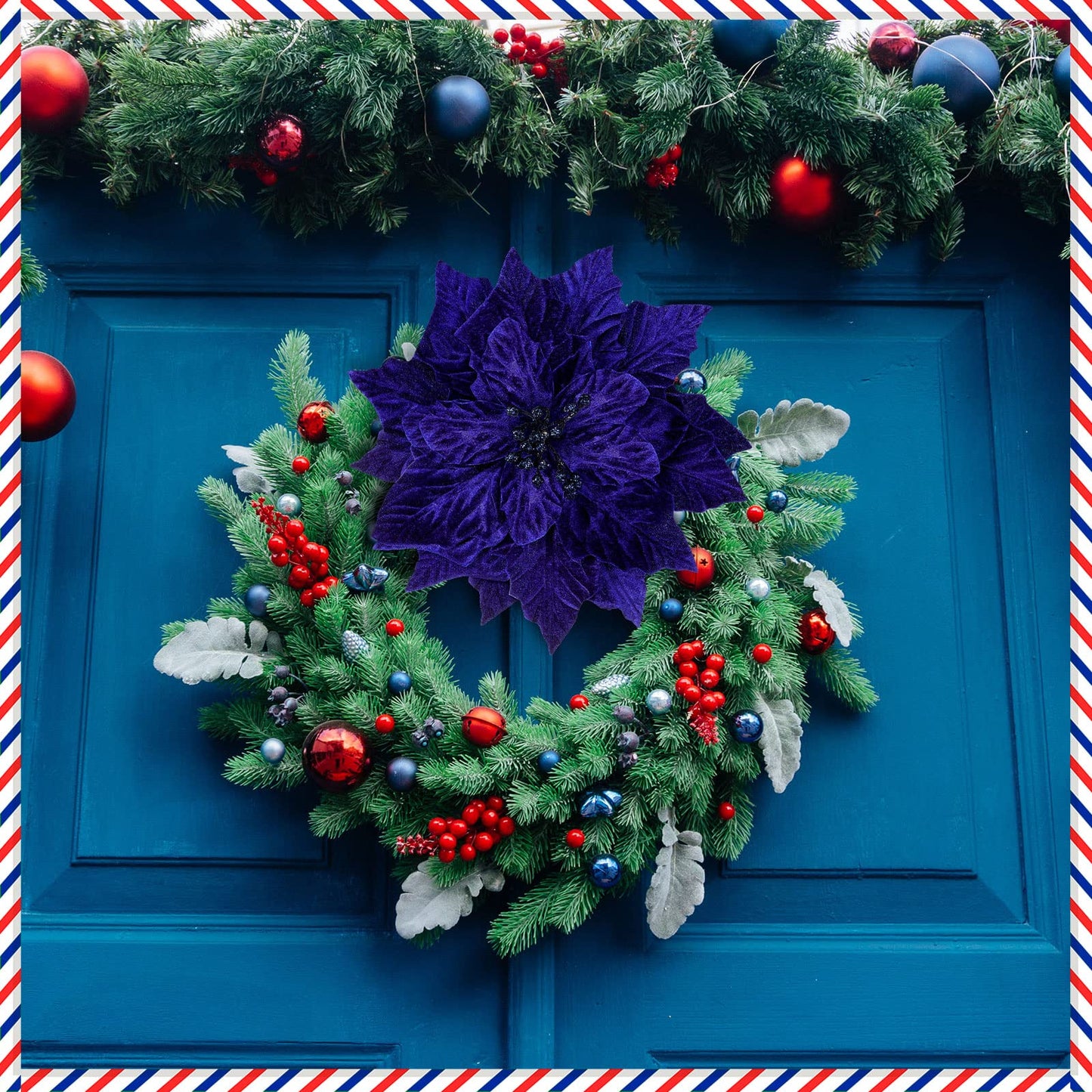 Cindeer 7 Pcs Christmas Poinsettia Artificial Flowers Christmas Poinsettia Ornaments Picks Blue Flowers Decoration for Xmas Tree DIY Wreaths Ornament Wedding Party, 9.8 Inch