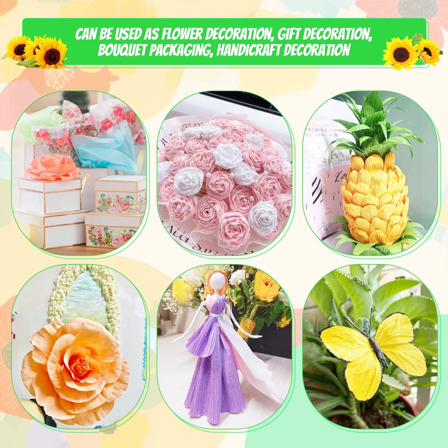 Crepe Paper 6 Rolls Wide Crepe Paper Streamers 10 Inch x 8 Feet Artificial Floral Arrangements DIY Flower Making Kits Green Floral Tape and Wire for Wedding Festival Party Decorations Craft Supplies