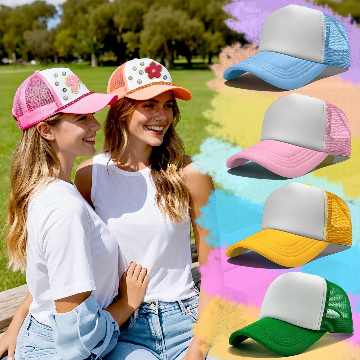 10 Pack Blank Trucker Hats DIY Kit Sublimation Youth Mesh Baseball Caps Adjustable with Bulk Colorful Trucket Hat Charms Chain Letter Embroidered Patches Pearl Pin Brooch Accessories for Women Men Par