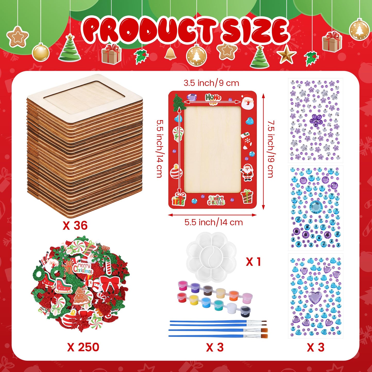Fovths 36 Packs Christmas Picture Frame Painting Craft Kit Wooden DIY Photo Frame with 250 Foam Stickers Brushes Set Holiday Art Party Favor DIY Paint and Decorate