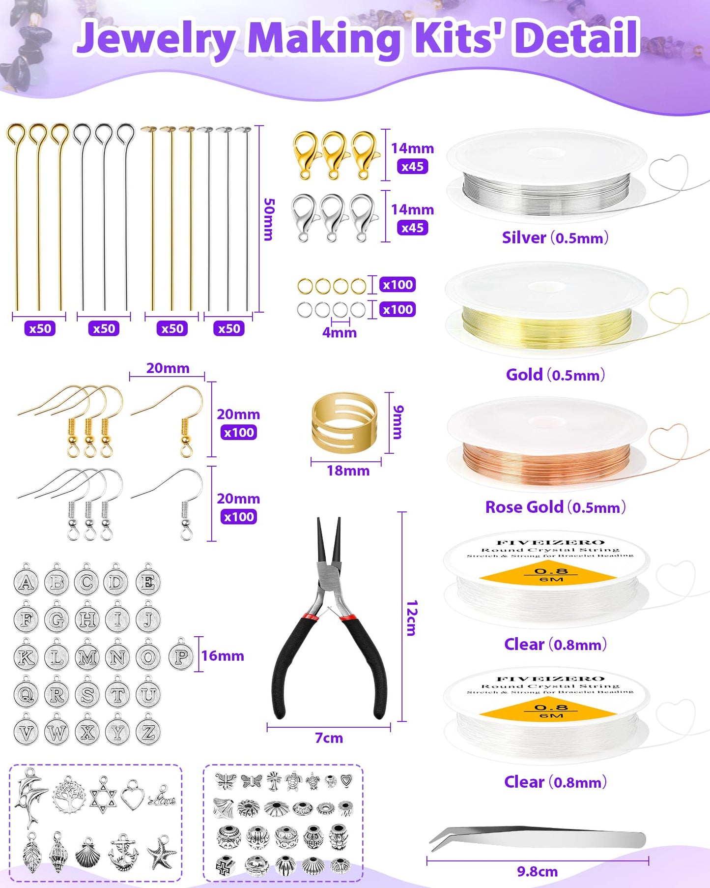 FIVEIZERO Jewelry Making Kit - 1956 PCS Natural Chip Stone Beads(25 Colors, 4-12mm) with Crystal Beads, Metal Charms, Jump Rings & Earring Hooks for DIY Bracelets, Necklaces, Earrings