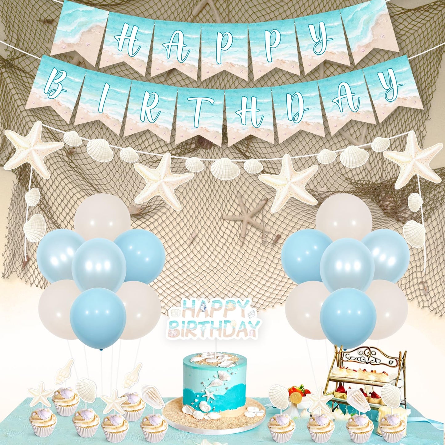 Kreatwow Beach Shell Birthday Decorations Shell Happy Birthday Banner Garland Cake Toppers Summer Seaside Ocean Ocean Waves Party Decors Sea Surf Nautical Coastal Mermaid Birthday Party Supply