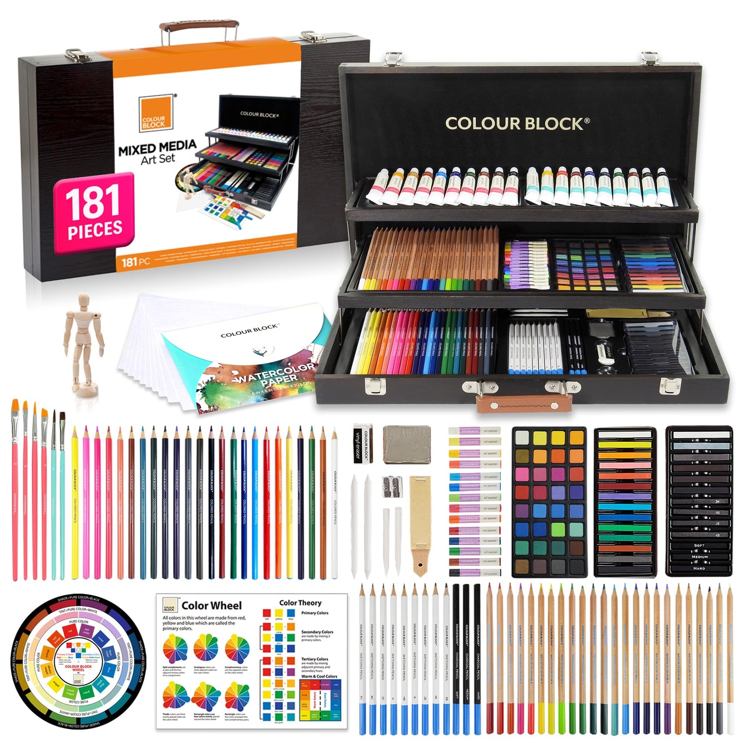 COLOUR BLOCK 181-Piece Mixed Media Art Set in Wooden Case for Drawing Sketching Painting, Soft Oil Pastels, Acrylic Watercolor Paints, Pencils, Art Supplies Kit for Artists, Professional, Adults, Beginner