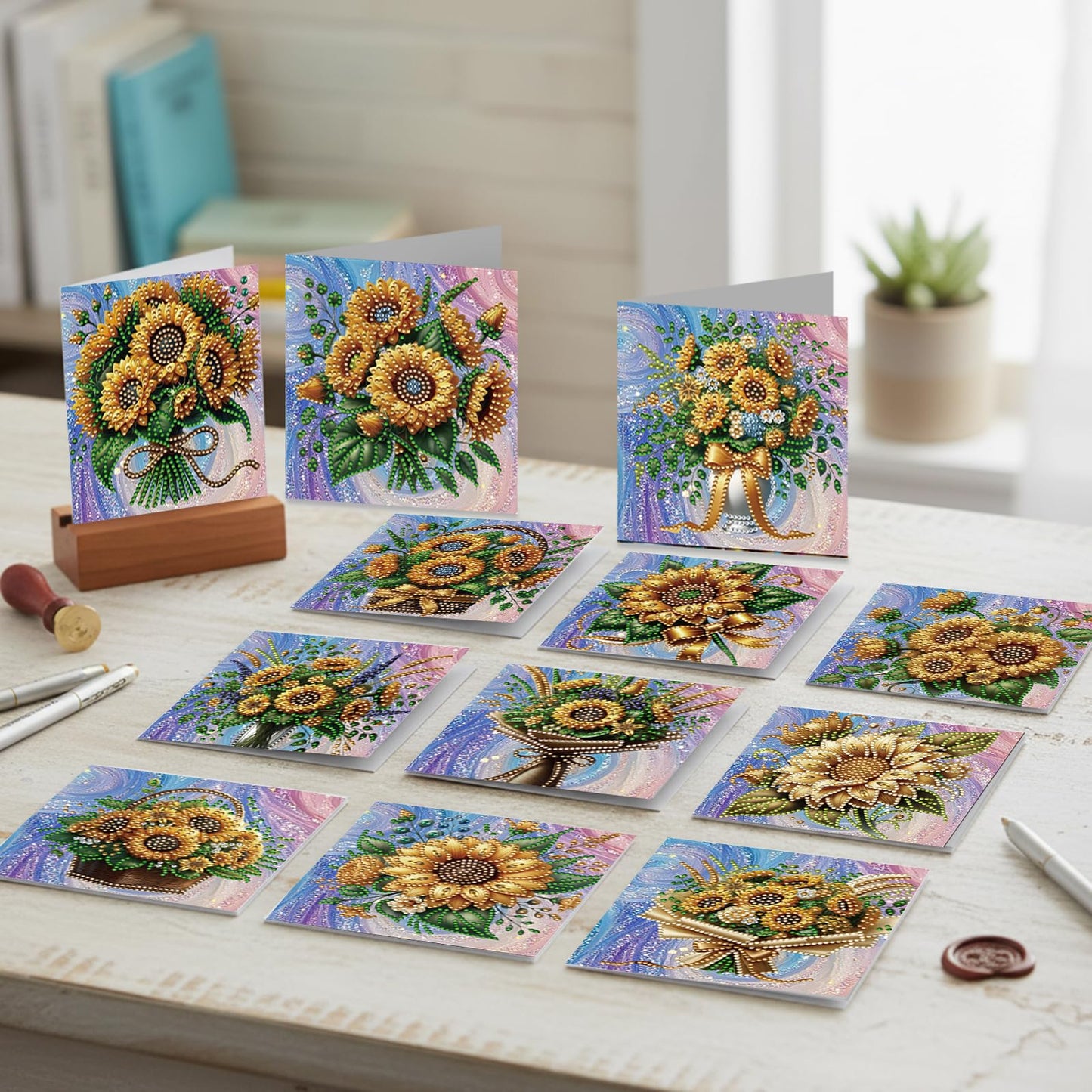 Diamond Art Painting Greeting Cards, 12 Packs Sunflower Basket DIY Crystals Gem Art Kit with Envelopes, Diamond Dots Card Making Set for Birthday, Wedding, Party, Heartfelt Occasions & Beginner Gift
