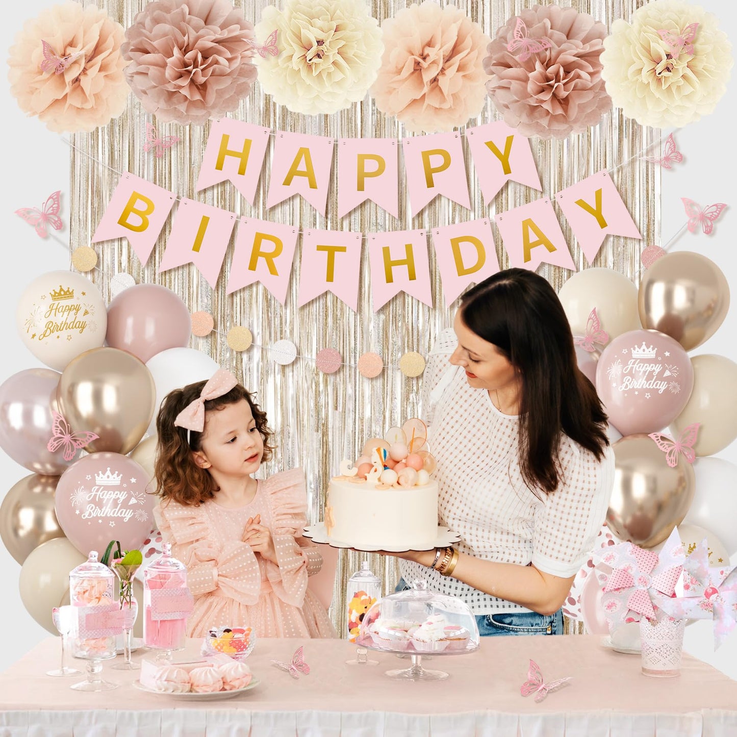 Boho Dusty Pink Birthday Decorations for Women Girls, Blush Beige Gold Metallic Printed Balloons Butterfly Stickers Fringe Curtain Happy Birthday Banner Circle Dots Garland Paper Pompom Party Supplies
