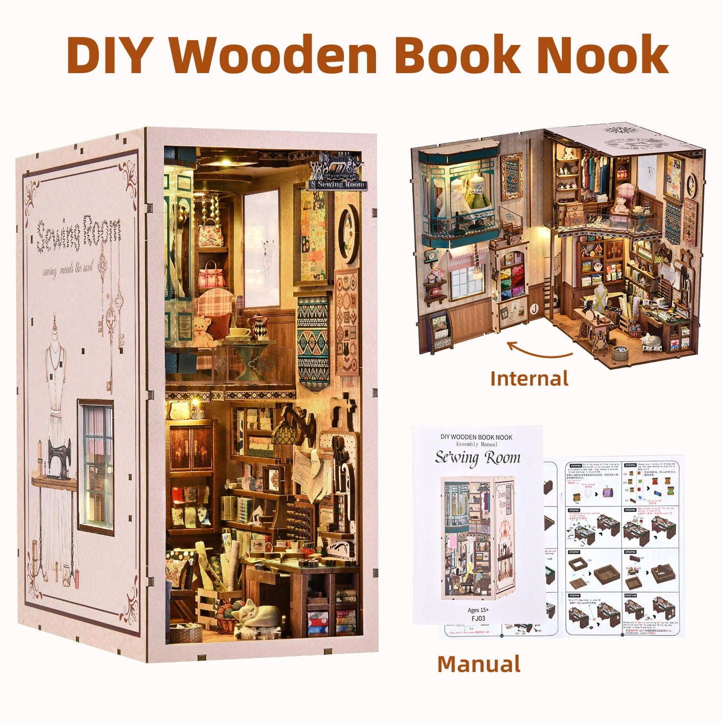 fifijoy Book Nook Kit - DIY Miniature House Dollhouse Kit for Adults and Teens, Booknook Tiny House Bookshelf Decor 3D Wooden Puzzle, Gifts for Family Friends (Sewing Room)
