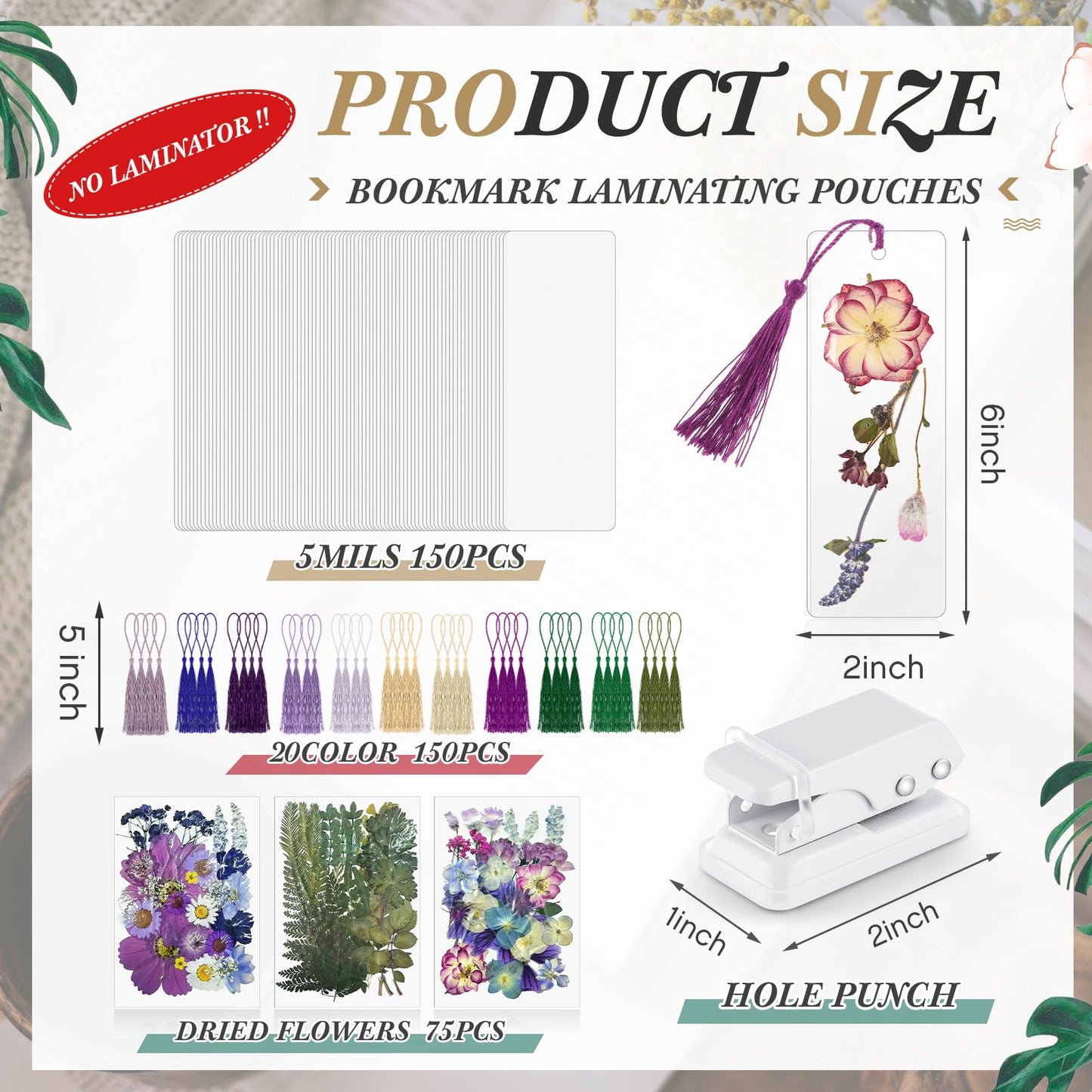 Fuyoooo 376 Pcs Dried Flower Bookmark Making Kit, DIY Bookmark Laminating Pouches with Tassels and Puncher, Handmade Craft Kit for Women, DIY Gifts for Book Lovers (Purple,2 x 6 Inch)