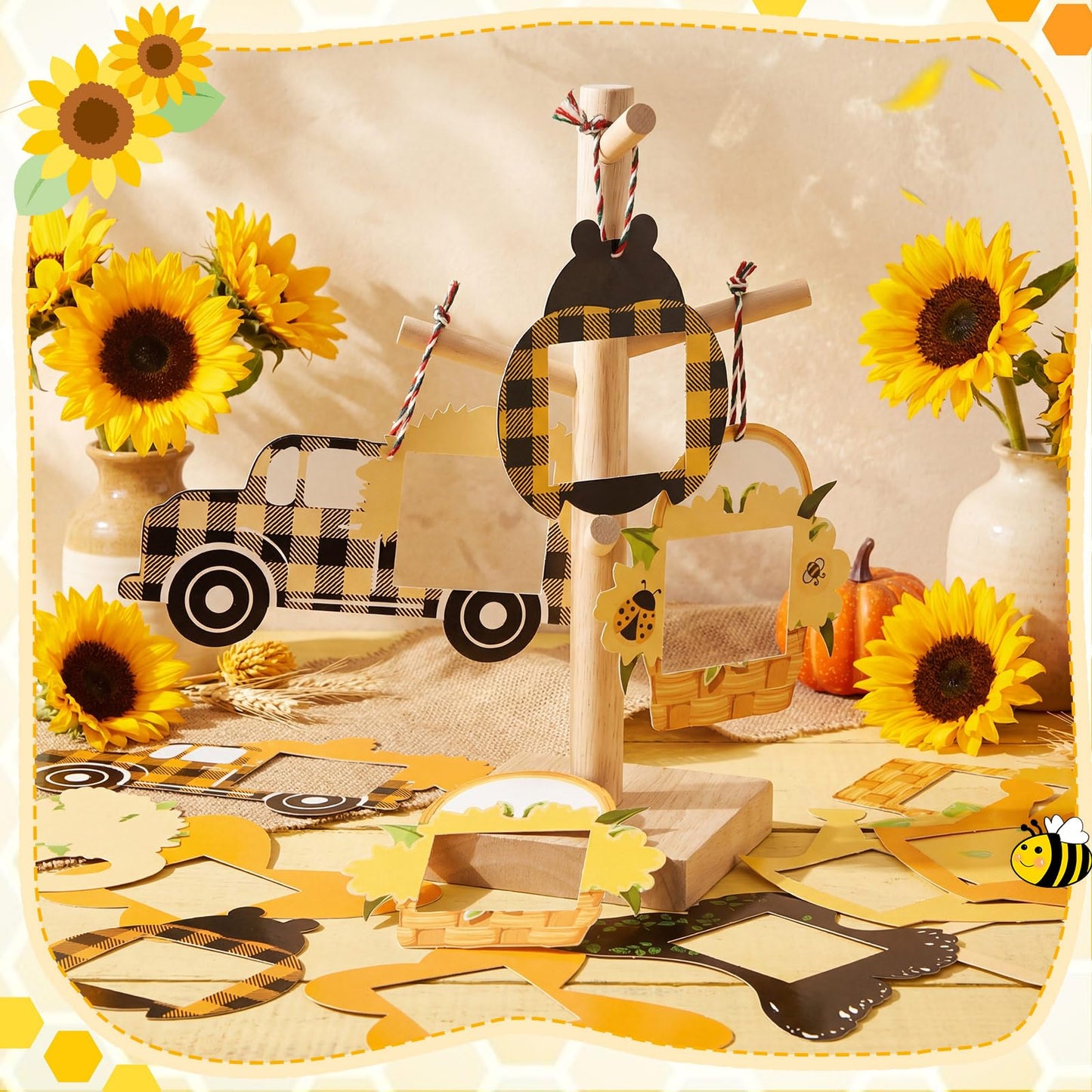 Cholemy 48pcs Sunflower Bee DIY Photo Frame Craft Kit for Kids, Hanging Ornament with Stickers, Summer Bee Ladybug Butterfly Truck Shapes for Party Favors, Classroom & Home Decor(Summer Style)