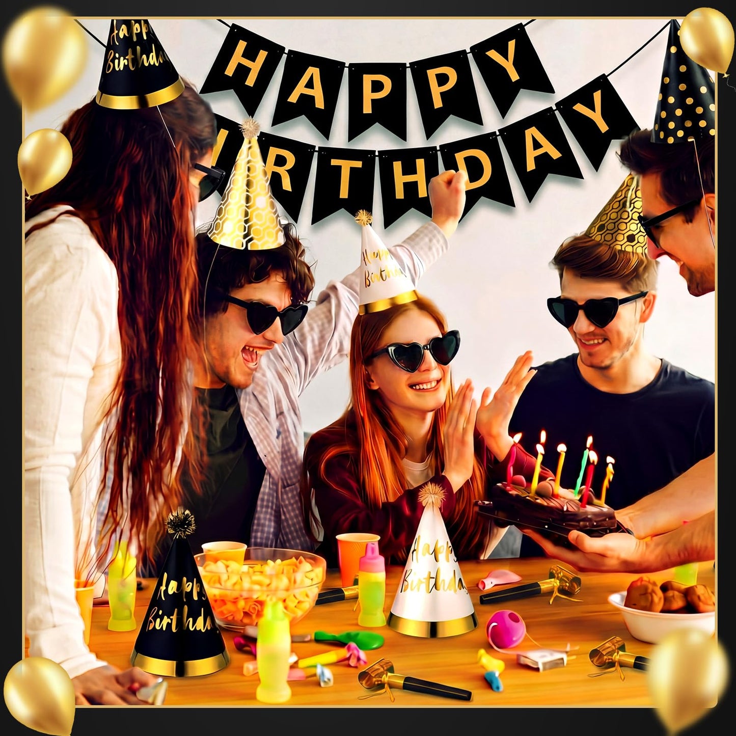 Patelai 25 Pcs Black and Gold Birthday Party Set: 1 black and gold Banner, 3 Glasses, 10 Whistles, 11 Cone Hats for Birthday Party Decoration
