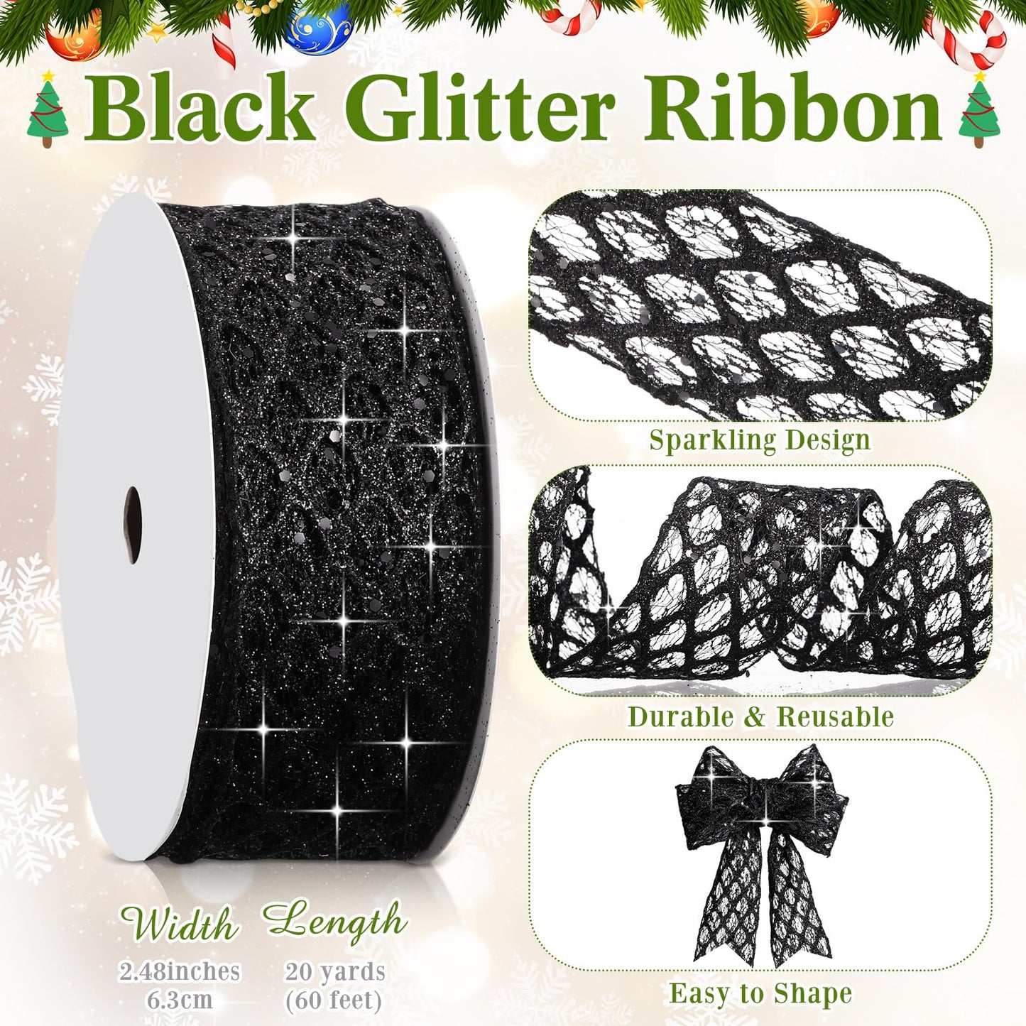 Geosar 20 Yards Black Glitter Mesh Wired Ribbon, Elegant Tulle Ribbon for Luxury Gift Wrapping, Wedding Decor, Graduation Party, Flower Bouquet & DIY Craft Supplies (2.5 Inch)