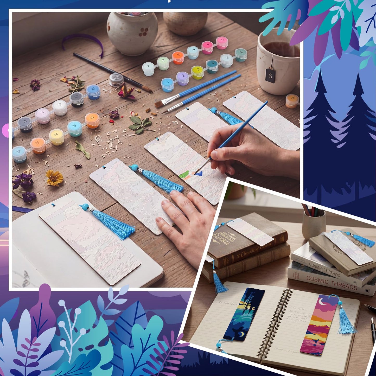 Kosiz 12 Pcs Night Landscape Paint by Numbers Kit for Adults Wood Bookmark Painting Decor Mini Paint by Numbers Kit Tassels Blank Bookmarks Craft for Small DIY Book Lovers Gift 7x2 ''