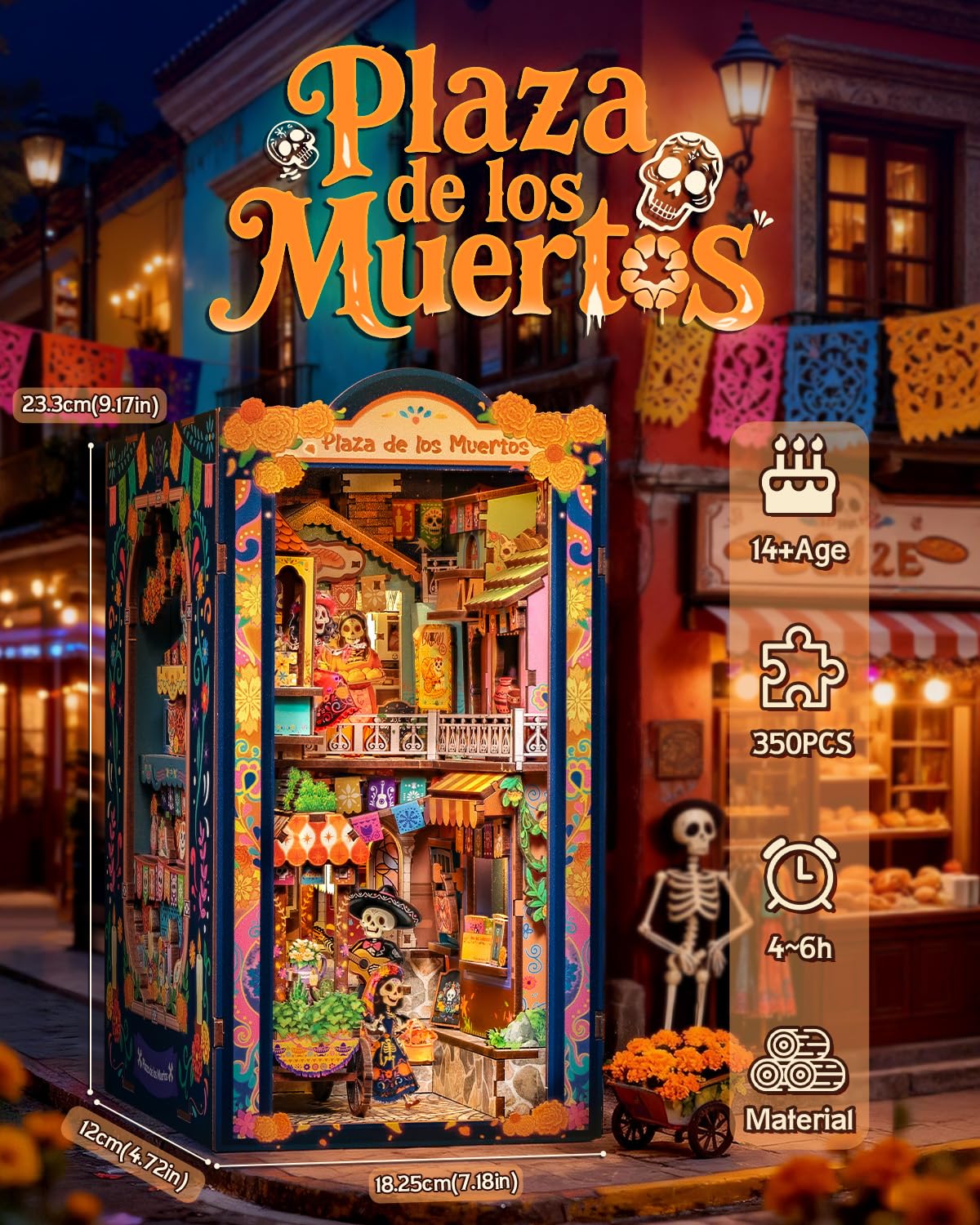 CUTEBEE Book Nook Kit - Mexican Fiesta DIY Miniature Dollhouse, Vibrant LED Bookshelf Decor Alley Model for Adults Teens, Gifts for Family and Friends（Plaza de Los Muertos）