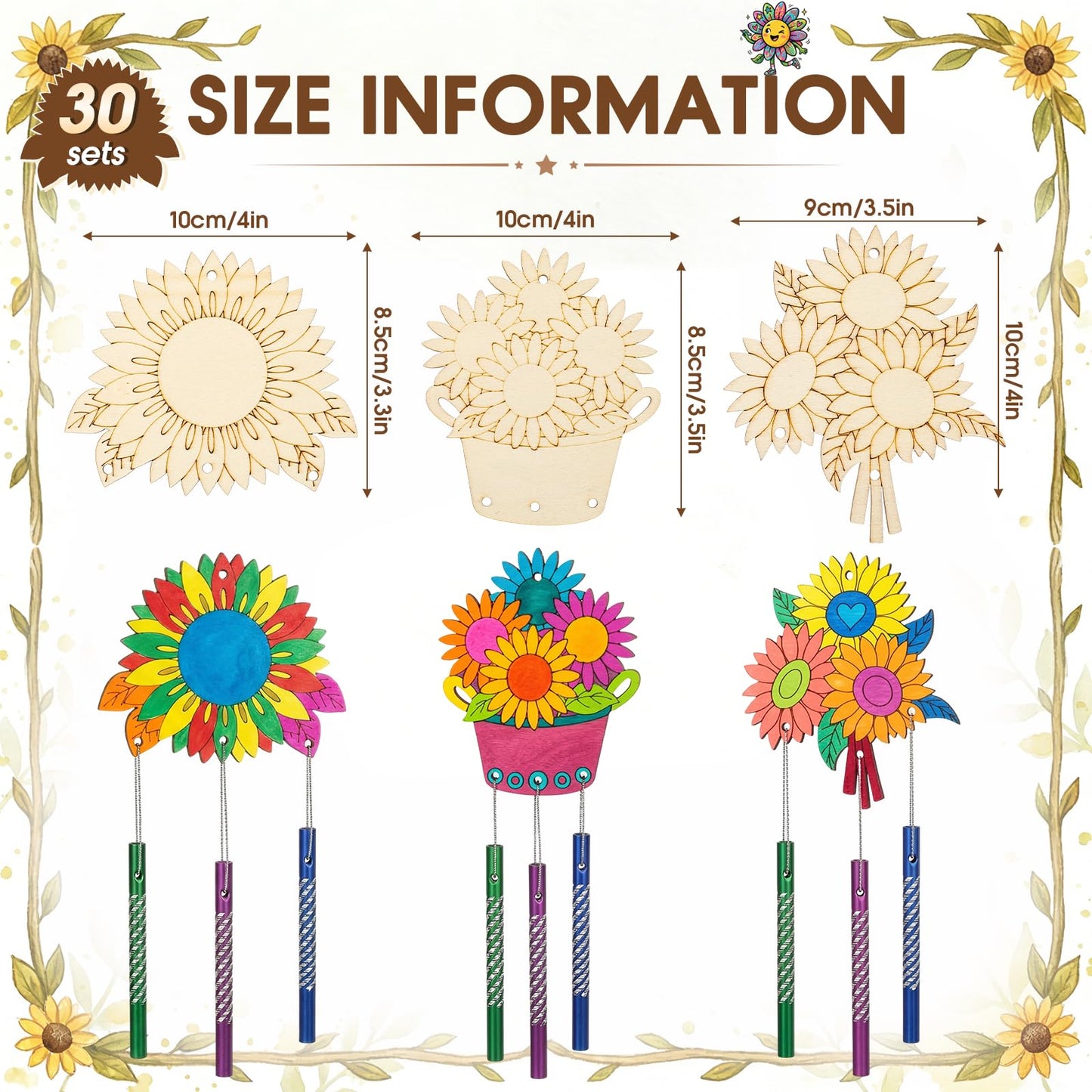 Leinuosen 30 Pcs Wind Chime Kit Sunflower Wooden Wind Chimes Decorative Sunflower Windchimes Hanging Dragonfly DIY Crafts for Indoor Outdoor Garden Home Patio Party Crafts Decorations