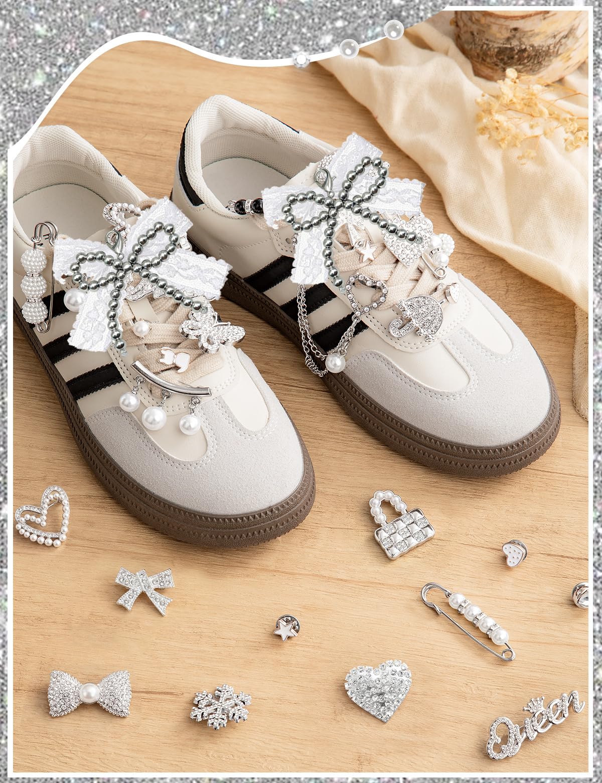 RQAYE 268pcs Silver Junk Socks Charms Kit,Shoe Charms for Sneakers, Brooches and Pins for Women, Pearl and Rhinestone Sock Charm with Safety Pins,DIY Accessories for Personalizing Socks