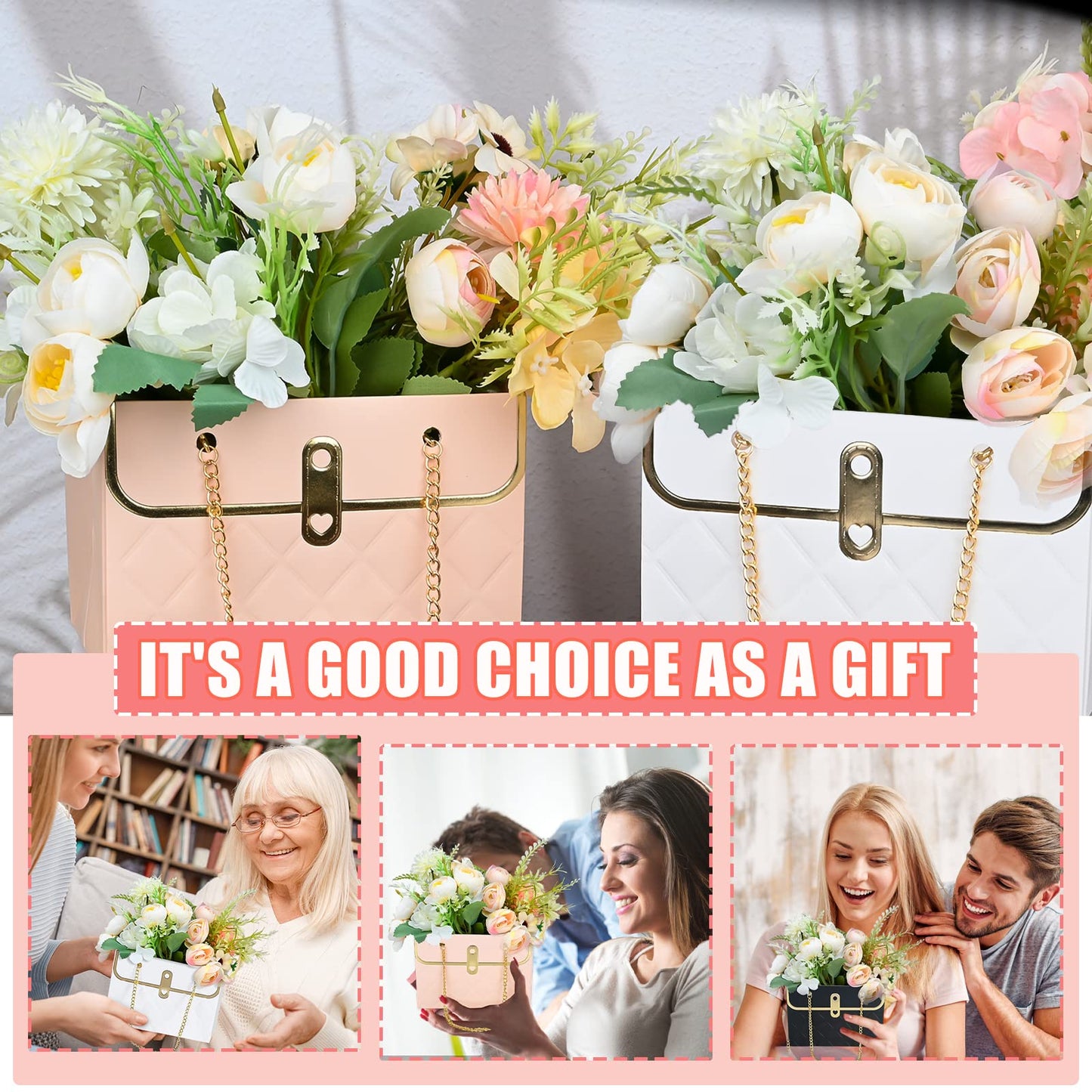VAIPI 15 Pcs Flower Paper Gift Box with Metal Chain Flower Paper Gift Bags Flowers Bouquet Storage Bucket Florist Bag Floral Wrap Box for Valentines Mothers Day Wedding Party Supplies