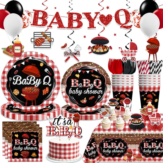 Xynic 213Pcs Baby Q Baby Shower Decorations Tableware Set Severs 25, Baby Shower Decorations Include Banner, Balloons, Tablecloth, Paper Plates, Cups, Cake Topper, Cupcake Toppers