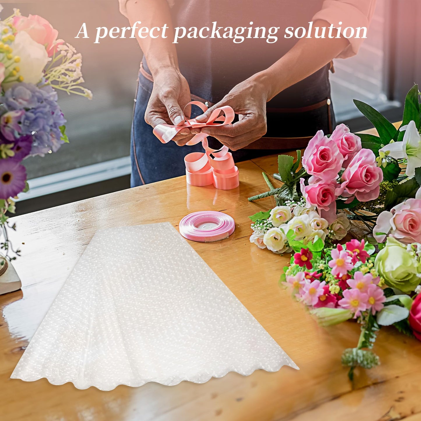 CHAQiWi Clear Cellophane Flower Bags with Star Pattern, 100 Count Bouquet Wrapping Sleeves with Ribbon, 11x3x16 Inch, for Flower Bar Supplies Wedding Birthday Mother's Day