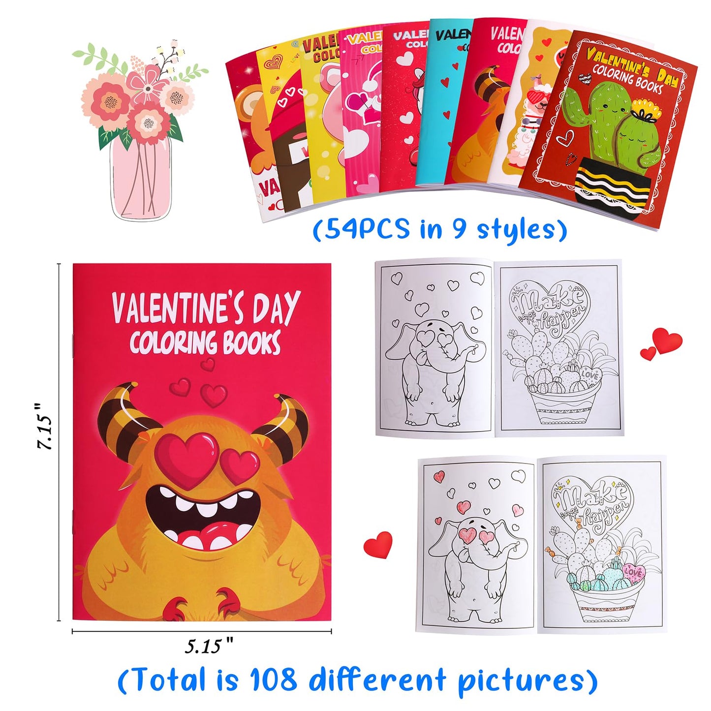 Eternity sky 54PCS Valentines Coloring Book for Kids-Valentine's Day Goodie Bag Stuffer Filler Gift School Classroom Activity Party Favors Supplies