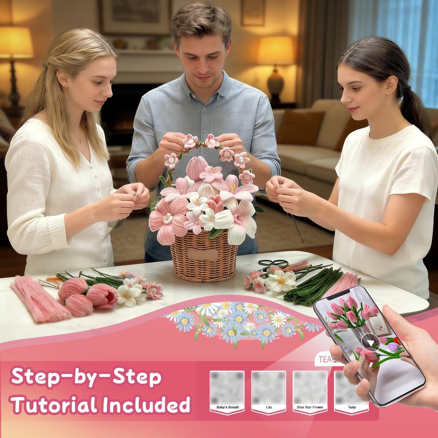 Qiorgar 680 PCS Pipe Cleaner Flower Crafts Kit – 5 Colors Bulk Pipe Cleaners for DIY Pink Flowers, All in One Chenille Stems Art and Craft Supplies for Gift