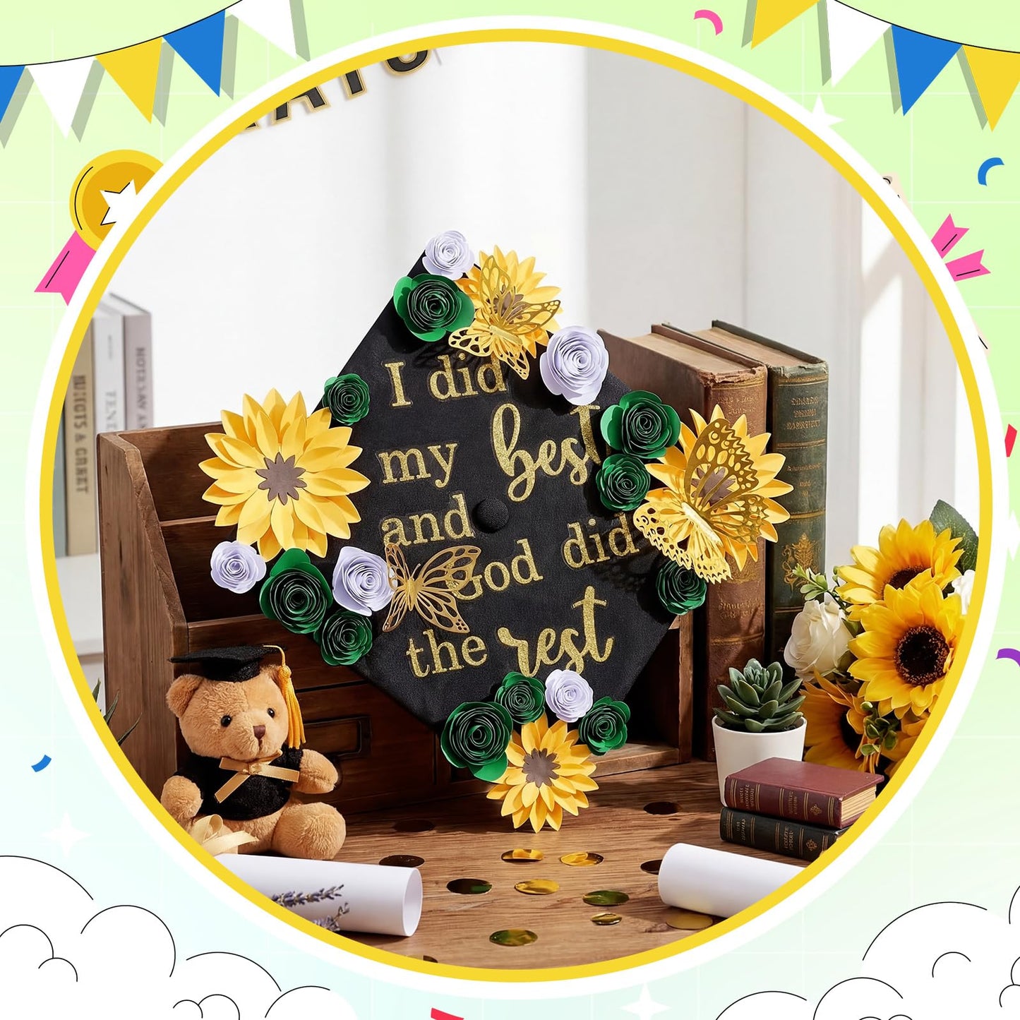 Suncalla Green DIY Graduation Cap Decorations Kit, 20 Pcs Roses Sunflower Flower Heads 4 Inspirational Quote Glitter Stickers 12 3D Butterfly Grad Cap Topper for Cake Photo Art DIY Grad Party Supplies