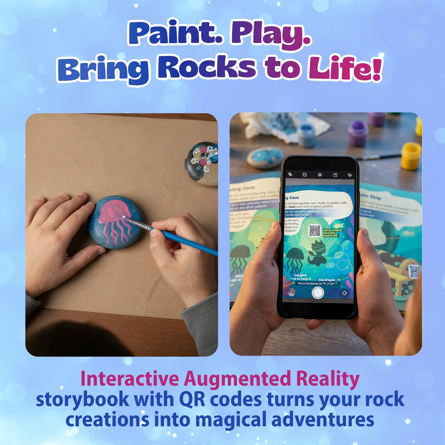 Pinwheel Crafts Glow in the Dark Rock Painting Kit with Interactive AR Storybook – 128pc Arts & Crafts Set for Kids – Augmented Reality Educational Toy for Boys & Girls Ages 6-12