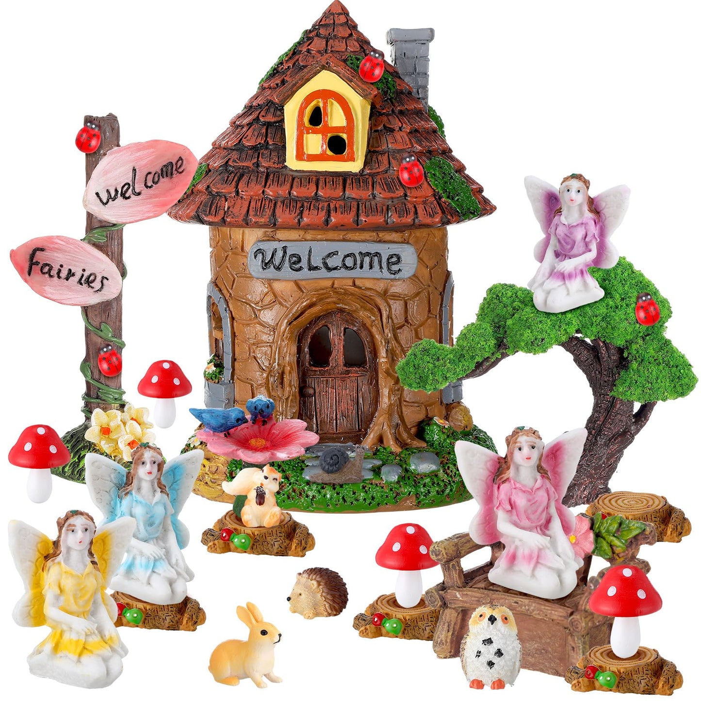 Leyndo 28 Pcs Solar House Garden Accessories Fairy Light up Fairy Figures Garden Kit Resin Miniature Mushroom House Figures Micro Landscape Ornaments (Fresh)